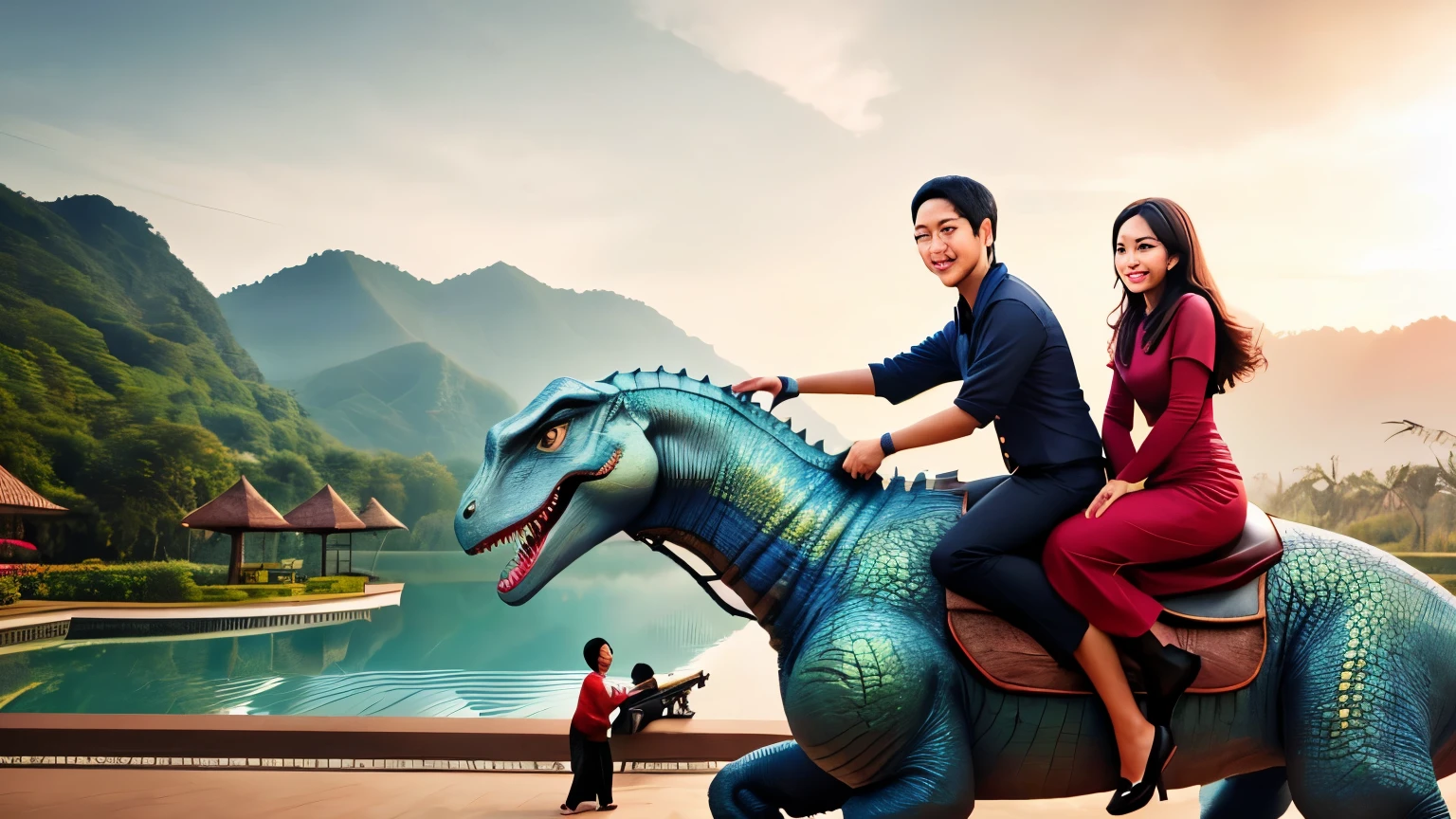 there is a man and woman riding on a dinosaur statue, inspired by Abidin Dino, by Abidin Dino, an indonesian family portrait, jurassic image, inspired by Rudy Siswanto, sumatraism, portrait shot, lovely couple, realism art, by Rudy Siswanto, indonesia, classic portrait, couple, really realistic, couples portrait