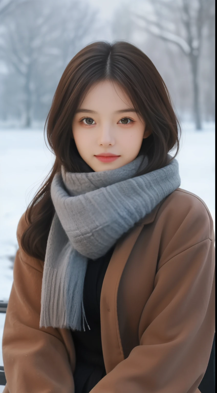 focus:1.2, Beautiful woman with perfect body:1.4,,best facial quality, Super high facial details,Super high pupil detail,fit,smaller bust,in the winter,scarf,external,sitting position,hair slightly curly,