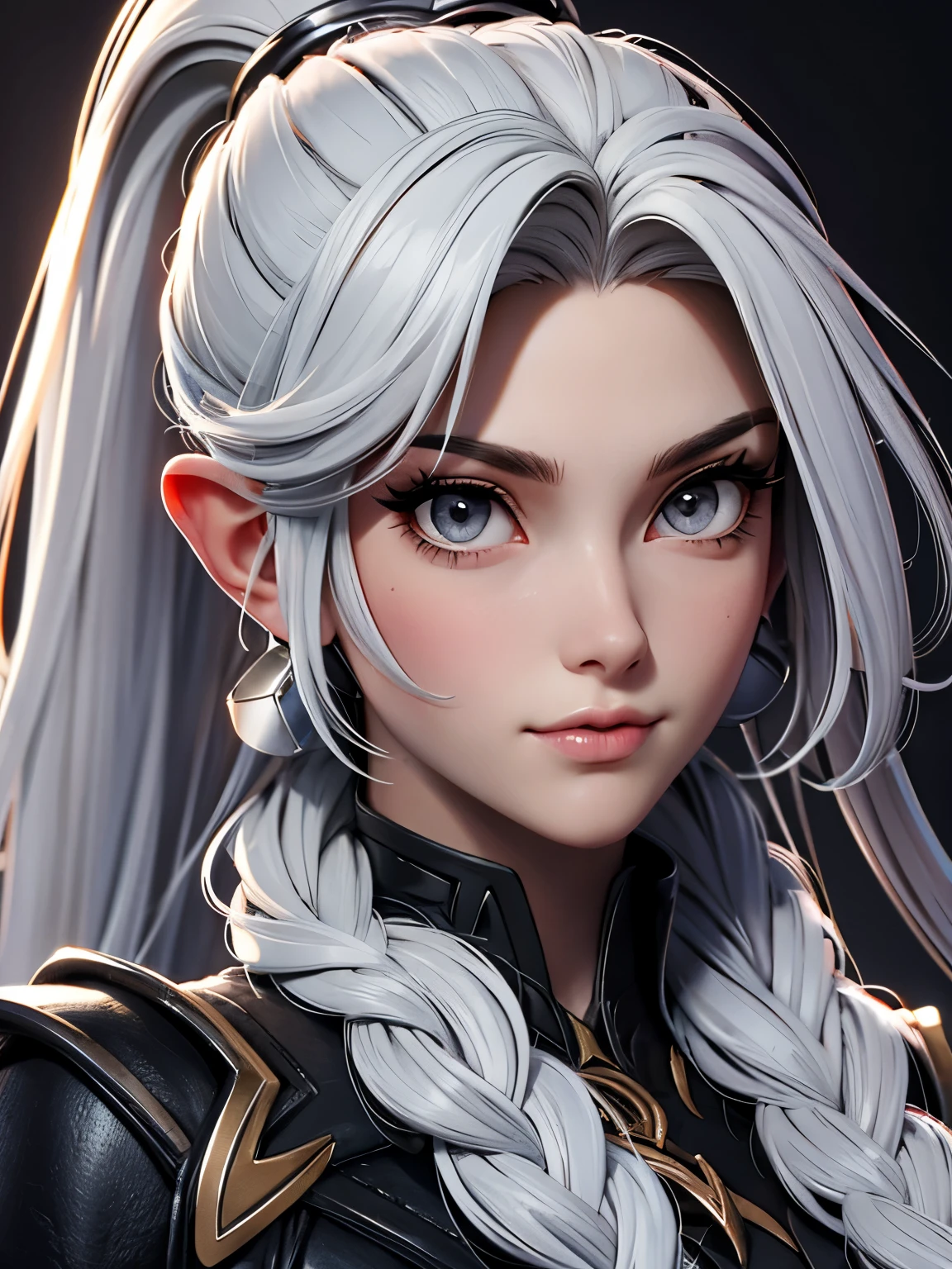 Millicent is a 21 year old young girl, tall and fit physique. She has fair skin and gray eyes with small pupils. Long wavy white hair braided into a high ponytail with many small braids. Has long pointed ears. Described as an incredibly beautiful girl. Prefers to wear black clothes, gray and white colors