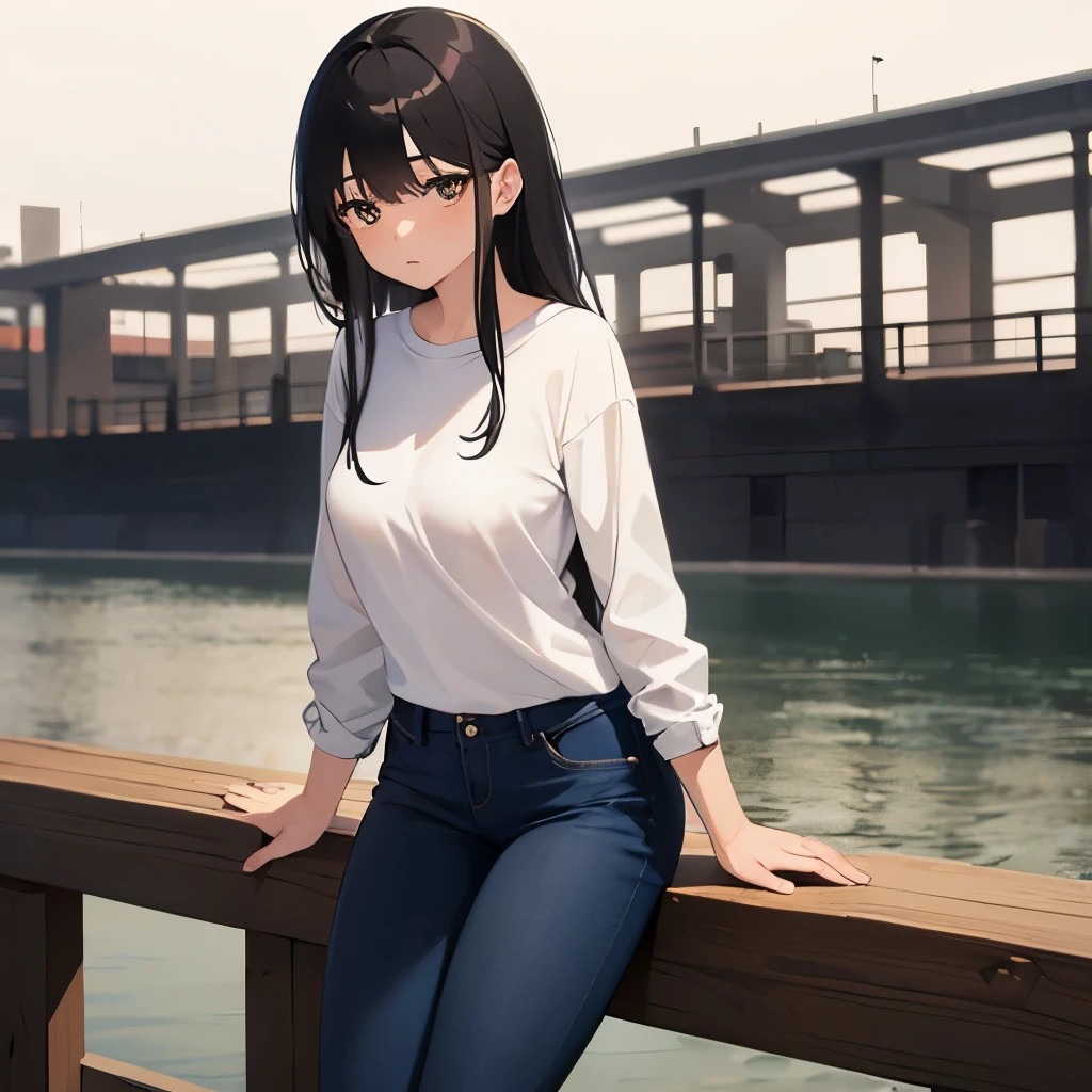 Girl, black hair, brown eyes, calm features, white skin, jeans style