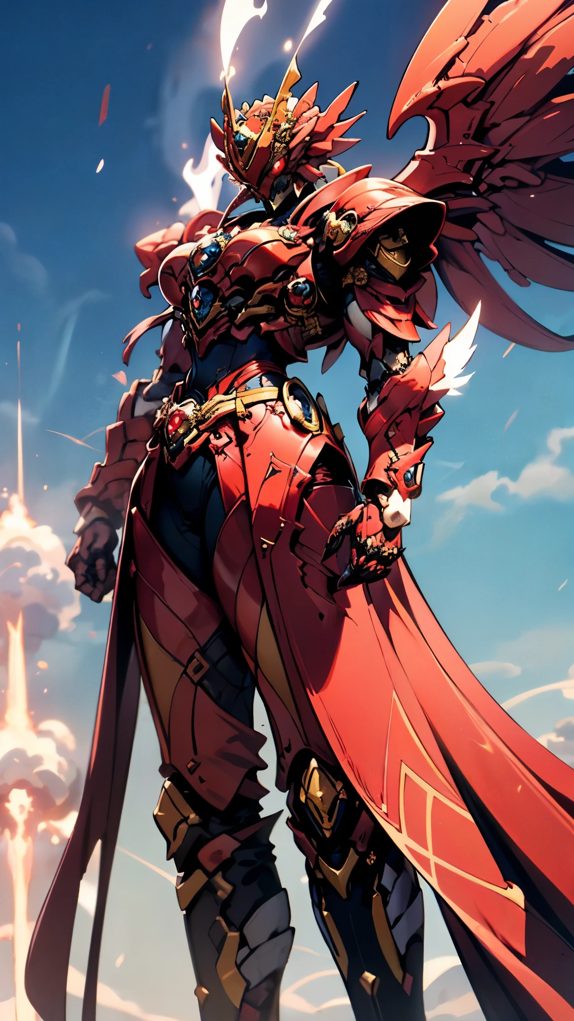 A woman adorned in fantasy-style full-body armor, a crown-concept fully enclosed helmet that unveils only her eyes, a composite layered chest plate, fully encompassing shoulder and hand guards, a lightweight waist armor, form-fitting shin guards, the overall design is heavy-duty yet flexible, ((the armor gleams with a golden glow, complemented by red and blue accents)), exhibiting a noble aura, she floats above a fantasy-surreal high-tech city, this character embodies a finely crafted fantasy-surreal style armored hero in anime style, exquisite and mature manga art style, (Queen bee mixed with Spider concept Armor, plasma, blood), ((Element, energy, elegant, goddess, femminine:1.5)), metallic, high definition, best quality, highres, ultra-detailed, ultra-fine painting, extremely delicate, professional, anatomically correct, symmetrical face, extremely detailed eyes and face, high quality eyes, creativity, RAW photo, UHD, 32k, Natural light, cinematic lighting, masterpiece-anatomy-perfect, masterpiece:1.5