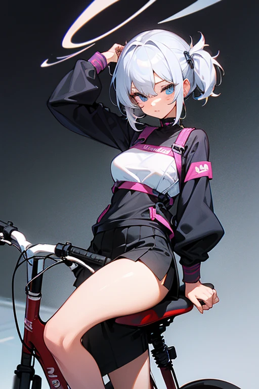Anime girl posing suggestively on a bike in short skirt
