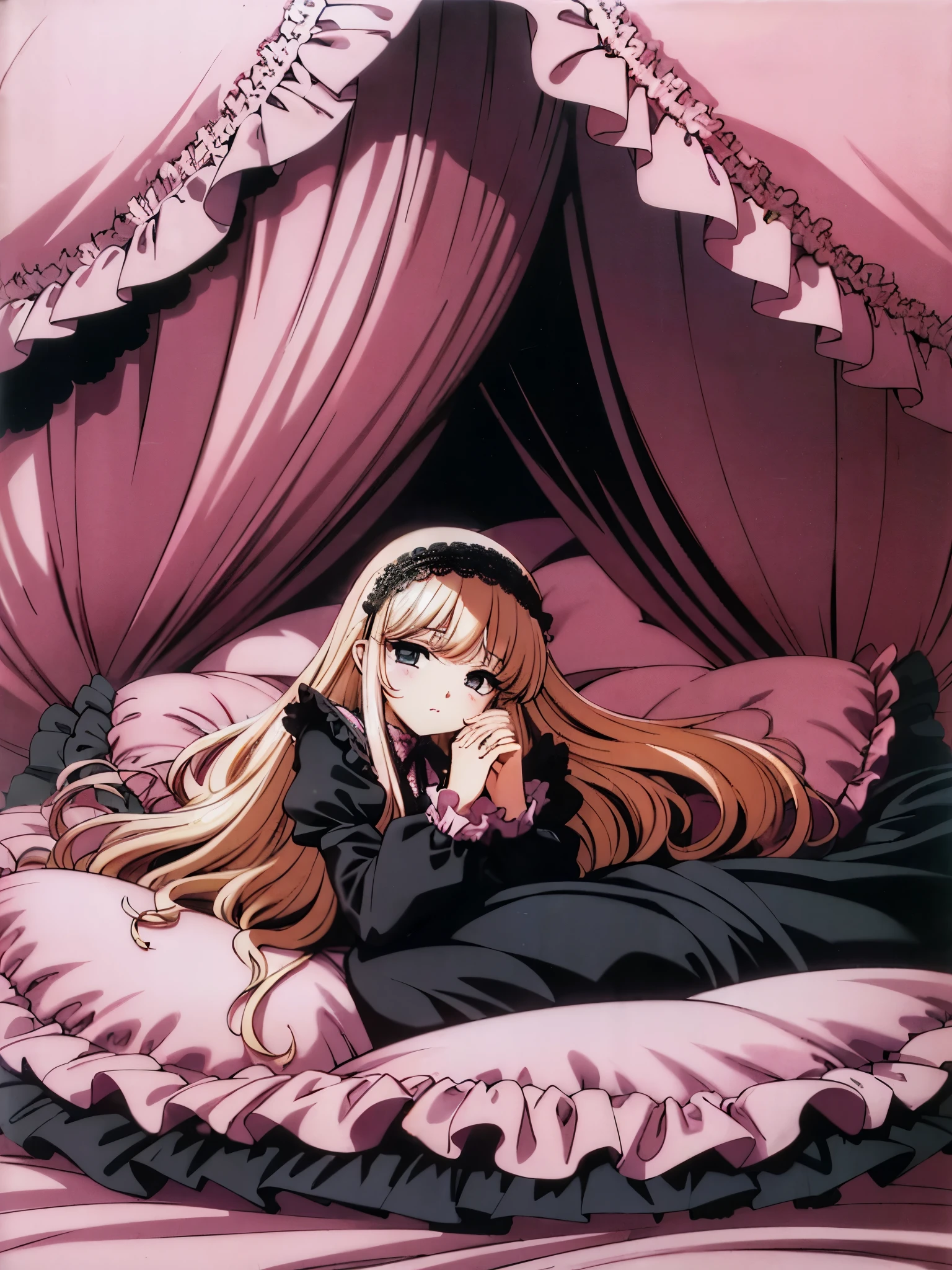 ,highest quality, masterpiece, highest resolution, artwork, super それにget used to it, many get used to it, get used to it, それにget used to it, 3K anime illustration,(( 10 year old girl)),Super detailed baby face,high quality small face,long black hair,Japanese,landmine girl,pajamas,,curly hair,((((ピンクのロリータファッションのlong skirtのワンピースドレス)))),((フリルとリボンがたっぷりついたピンクの可愛らしいpajamas)),((Luxurious pink headdress with frills and ribbons)),((((black ruffles and lace)))),detailed headdress,,(((big yoke collar))),Yoke collar with ruffles and ribbons,((((long sleeve)))),ruffle sleeves,((((long skirt)))),pink and black pillow with large ruffles and ribbons,(((Nice pink outfit))),豪華なcanopy bedの上,canopy bed,The bed is surrounded by luxurious curtains,There are many pink and black frilly pillows on the bed.,Behind the girl are many pink and black frilly pillows...,super detailed background,detailed bed,((((pink duvet with black lace and ruffles)))),soft pink comforter,Highly detailed soft ruffle pillow,Beautiful girl illustration,detailed beautiful face,thin hair,detailed eye ,detailed eyes,detailed mouth, arm details,fine hands,Detailed pillow,wide bed,Illustration on the bed, ,((((round futon)))),((((A large pink futon that covers the entire bed)))),detailed comforter,detailed bedシーツ,Before bedtime,romantic atmosphere,palace bedroom,The girl is leaning on a pile of pillows, ,((((round futon)))),((((Large pink ruffle comforter with black ruffles and lace covering the entire bed)))),look at me with contempt,Hold your hands,bring both hands close to the mouth,