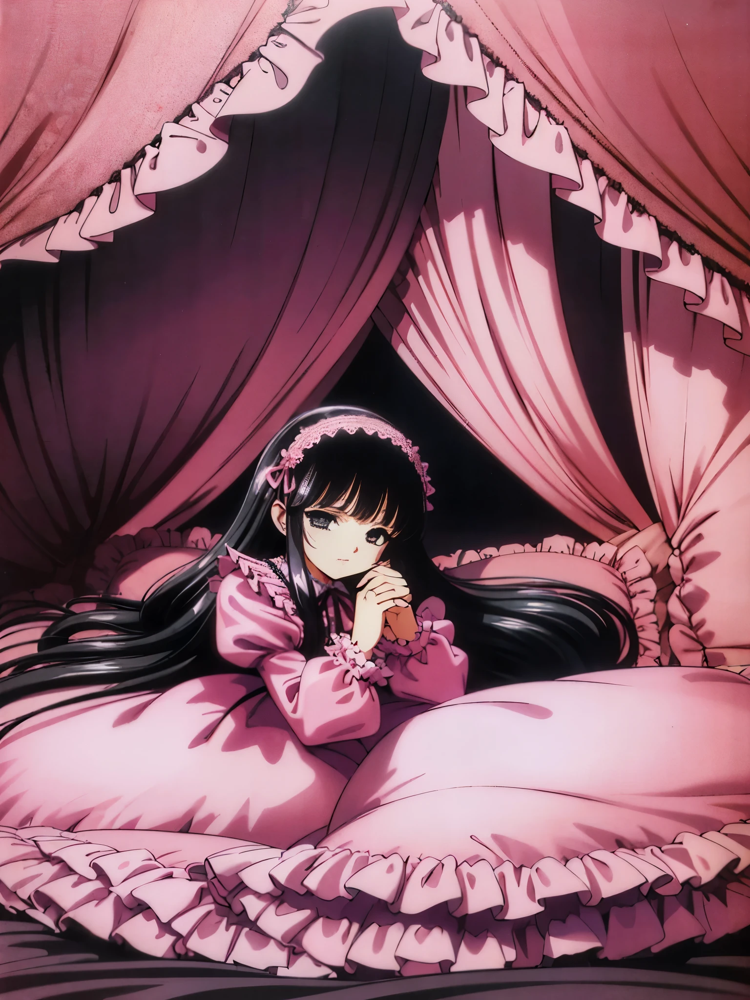,highest quality, masterpiece, highest resolution, artwork, super それにget used to it, many get used to it, get used to it, それにget used to it, 3K anime illustration,(( 10 year old girl)),Super detailed baby face,high quality small face,long black hair,Japanese,landmine girl,pajamas,,curly hair,((((ピンクのロリータファッションのlong skirtのワンピースドレス)))),((フリルとリボンがたっぷりついたピンクの可愛らしいpajamas)),((Luxurious pink headdress with frills and ribbons)),((((black ruffles and lace)))),detailed headdress,,(((big yoke collar))),Yoke collar with ruffles and ribbons,((((long sleeve)))),ruffle sleeves,((((long skirt)))),pink and black pillow with large ruffles and ribbons,(((Nice pink outfit))),豪華なcanopy bedの上,canopy bed,The bed is surrounded by luxurious curtains,There are many pink and black frilly pillows on the bed.,Behind the girl are many pink and black frilly pillows...,super detailed background,detailed bed,((((pink duvet with black lace and ruffles)))),soft pink comforter,Highly detailed soft ruffle pillow,Beautiful girl illustration,detailed beautiful face,thin hair,detailed eye ,detailed eyes,detailed mouth, arm details,fine hands,Detailed pillow,wide bed,Illustration on the bed, ,((((round futon)))),((((A large pink futon that covers the entire bed)))),detailed comforter,detailed bedシーツ,Before bedtime,romantic atmosphere,palace bedroom,The girl is leaning on a pile of pillows, ,((((round futon)))),((((Large pink ruffle comforter with black ruffles and lace covering the entire bed)))),look at me with contempt,Hold your hands,bring both hands close to the mouth,