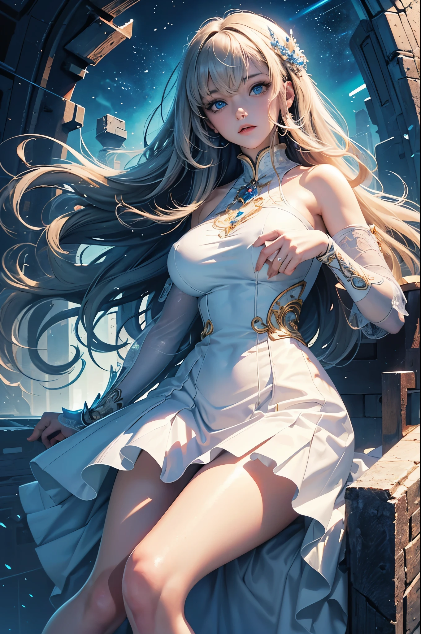 High resolution, highest quality, illustrations, super detail, (detailed face) (detailed masterpiece), best quality, expressive eyes, perfect face, 1 girl, solo, long hair, blue eyes, princess, big breast, white dress, bare knee shot