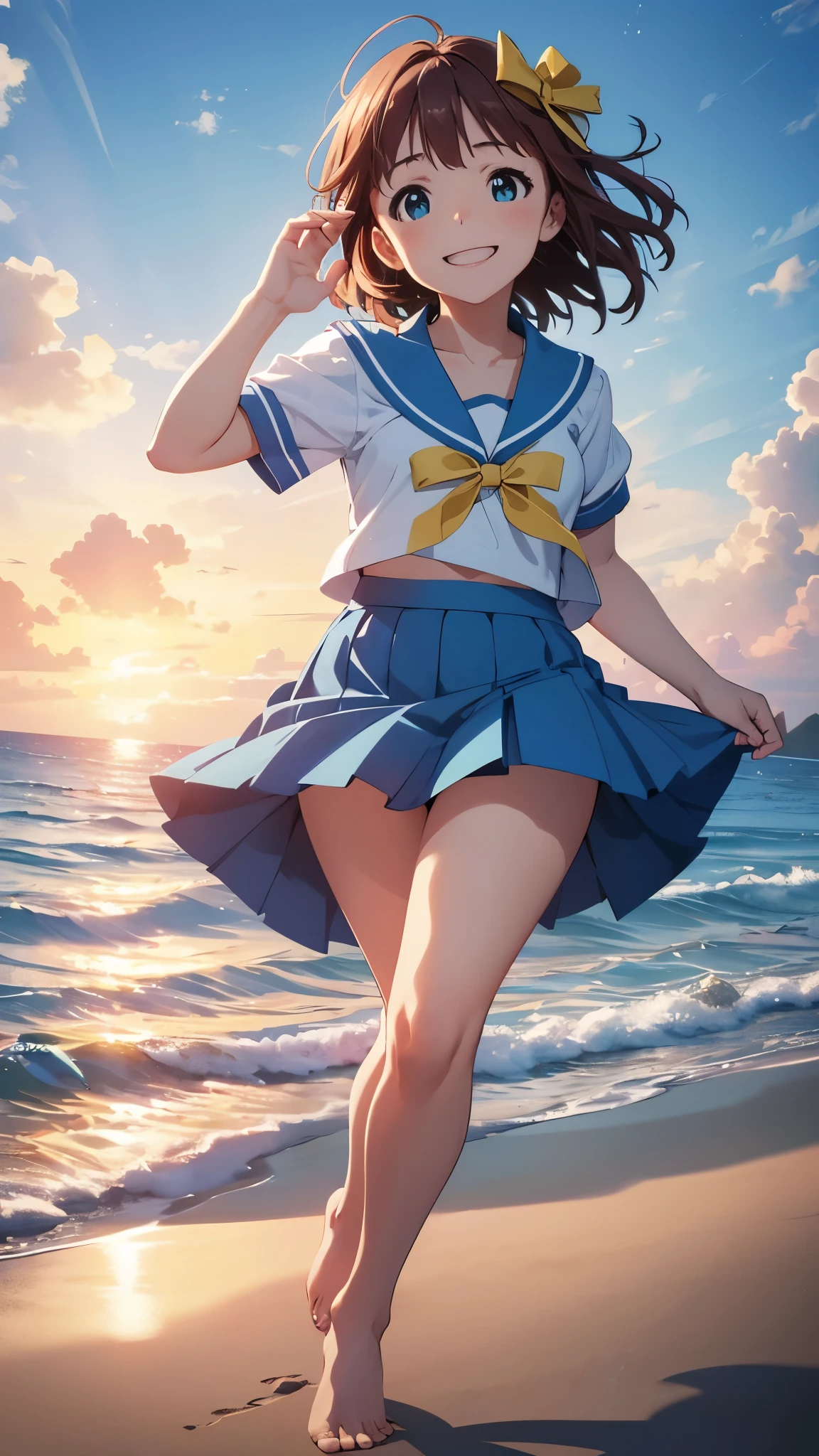 CG, unity, 8k, wallpaper, highest quality, masterpiece, 1girl, cheerful girl, 17-year-old, amami haruka, idol pose, (bright smile: 1.2), white sailor suit, (blue collar, blue skirt: 1.3), short sleeve, barefoot, best lighting, complex pupils, complex textile, detailed background, In the beach, low angle