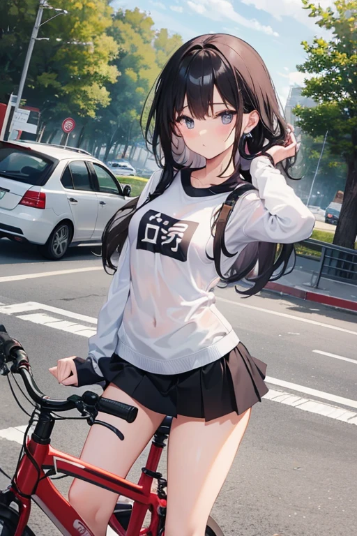 Anime girl posing suggestively on a bike in short skirt
