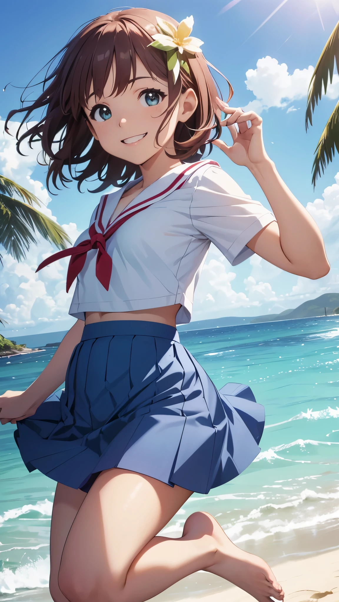 CG, unity, 8k, wallpaper, highest quality, masterpiece, 1girl, cheerful girl, 17-year-old, amami haruka, idol pose, (bright smile: 1.2), white sailor suit, (blue collar, blue skirt: 1.3), short sleeve, barefoot, best lighting, complex pupils, complex textile, detailed background, In the beach, low angle