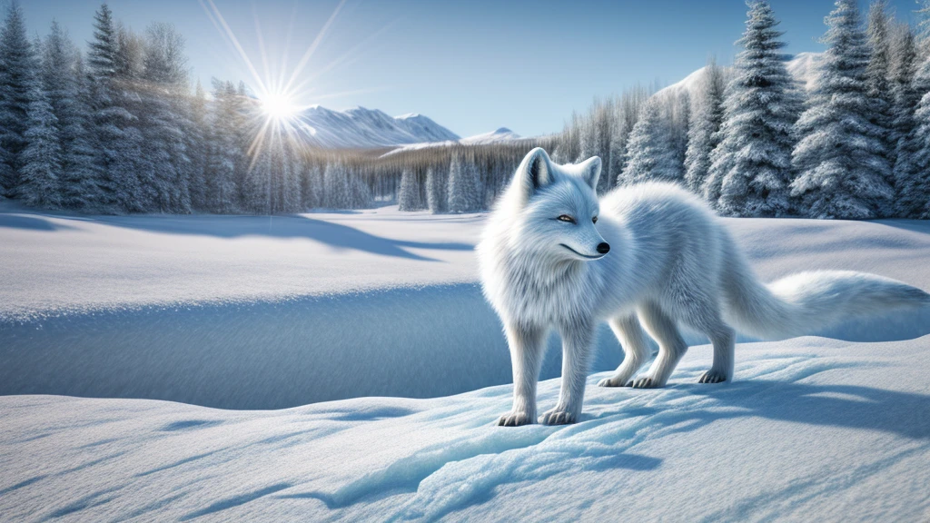 An arctic fox, snowy landscape, fluffy fur, piercing blue eyes, nimble movements, elegant posture, snowy paws, strong legs, sharp teeth, alert ears, stealthy hunting, frozen breath, icy surroundings, delicate snowflakes, serene silence, winter wonderland, frosty atmosphere, icy blue color palette, soft natural lighting, ethereal and magical, picturesque scenery, Arctic wilderness. (best quality,4k,8k,highres,masterpiece:1.2),ultra-detailed,(realistic,photorealistic,photo-realistic:1.37),HDR,UHD,studio lighting,ultra-fine painting,sharp focus,physically-based rendering,extreme detail description,professional,vivid colors,bokeh,portrait style