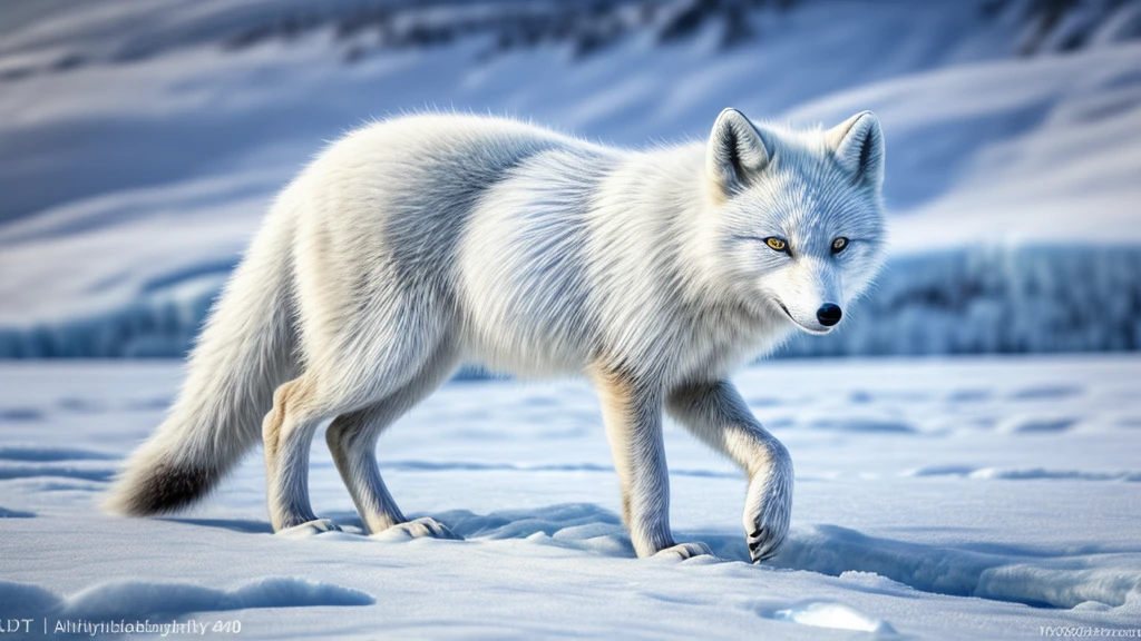 An arctic fox, snowy landscape, fluffy fur, piercing blue eyes, nimble movements, elegant posture, snowy paws, strong legs, sharp teeth, alert ears, stealthy hunting, frozen breath, icy surroundings, delicate snowflakes, serene silence, winter wonderland, frosty atmosphere, icy blue color palette, soft natural lighting, ethereal and magical, picturesque scenery, Arctic wilderness. (best quality,4k,8k,highres,masterpiece:1.2),ultra-detailed,(realistic,photorealistic,photo-realistic:1.37),HDR,UHD,studio lighting,ultra-fine painting,sharp focus,physically-based rendering,extreme detail description,professional,vivid colors,bokeh,portrait style