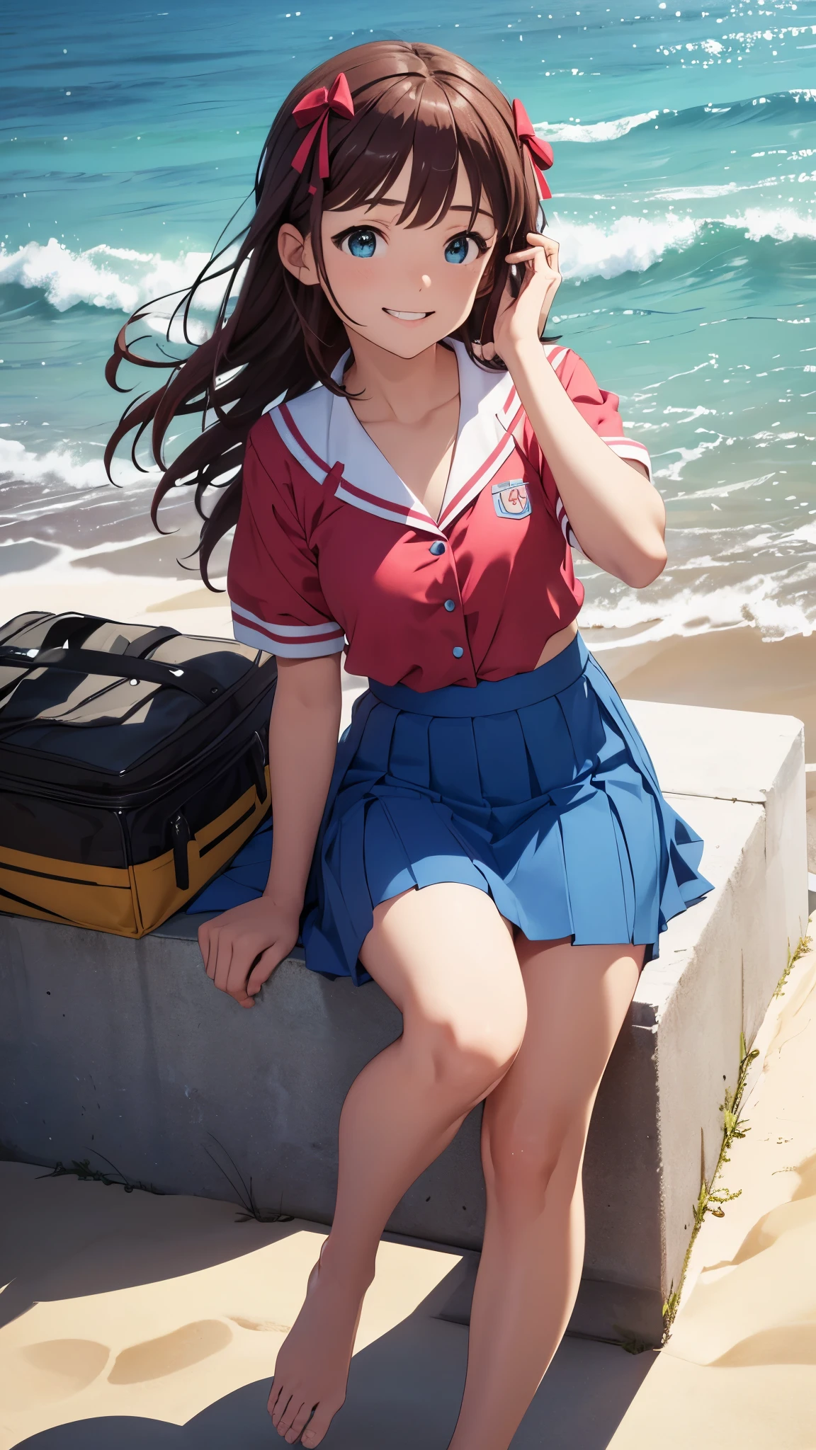 CG, unity, 8k, wallpaper, highest quality, masterpiece, 1girl, cheerful girl, -yeld, ai haruka, idol pose, (bright smile: 1.2), white sailor suit, (blue collar, blue skirt: 1.3), short sleeve, barefoot, best lighting, complex pupils, complex textile, detailed background, In the beach, low angle