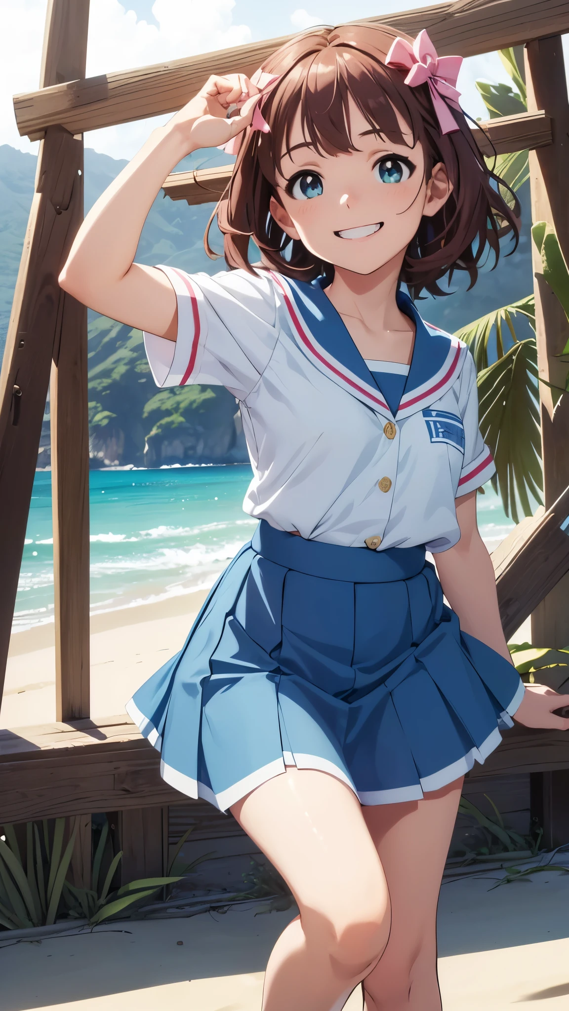 CG, unity, 8k, wallpaper, highest quality, masterpiece, 1girl, cheerful girl, 17-year-old, amami haruka, idol pose, (bright smile: 1.2), white sailor suit, (blue collar, blue skirt: 1.3), short sleeve, barefoot, best lighting, complex pupils, complex textile, detailed background, In the beach, low angle