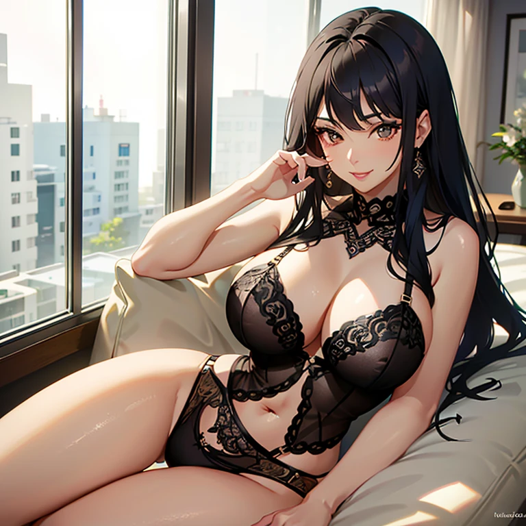8k,Masterpiece, high quality, 1woman, solo, black hair, brown eyes, detailed face, smile, elegant, seductive, noble, baroness, big breasts, lingerie, milf