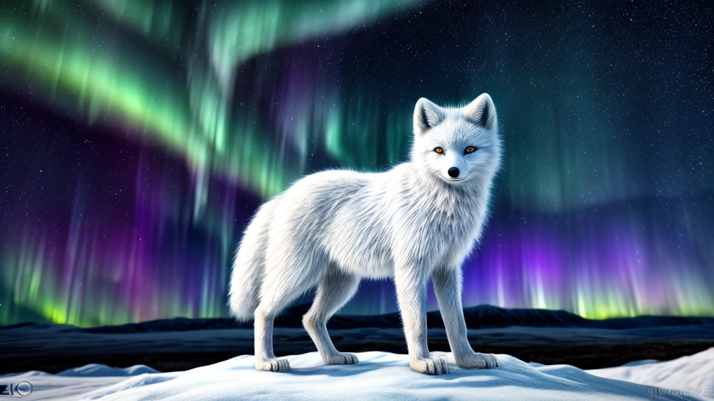 An arctic fox,white fur,fluffy tail,blue eyes,curious expression,standing on a snowy landscape,dark blue sky,aurora borealis in the background,(best quality,4k,highres),detailed fur texture,realistic rendering,vivid colors,subtle lighting.