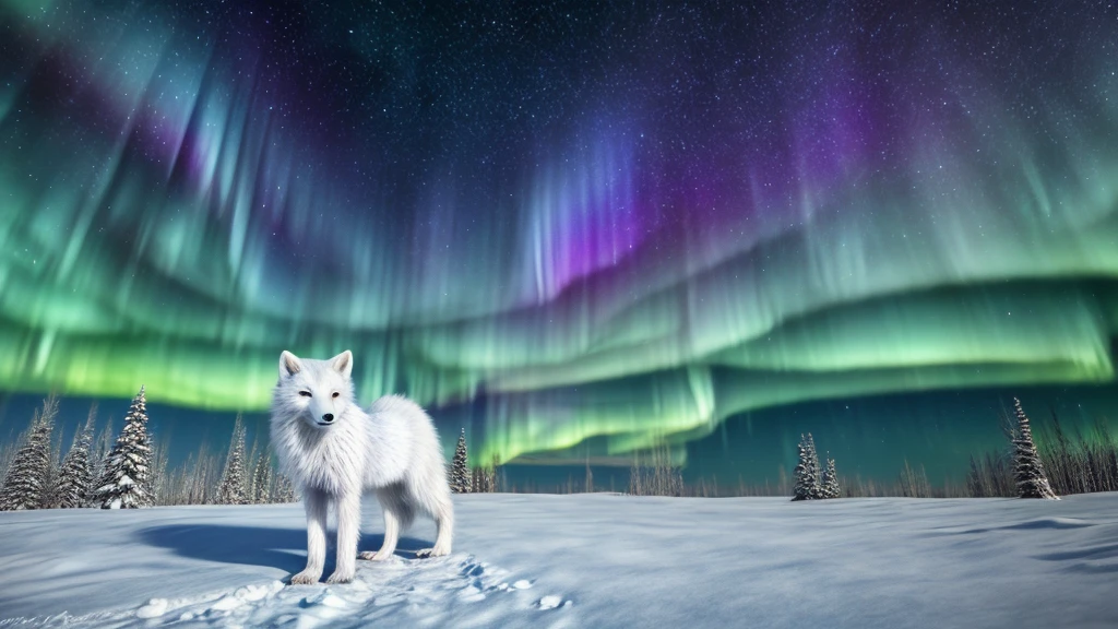 An arctic fox,white fur,fluffy tail,blue eyes,curious expression,standing on a snowy landscape,dark blue sky,aurora borealis in the background,(best quality,4k,highres),detailed fur texture,realistic rendering,vivid colors,subtle lighting.