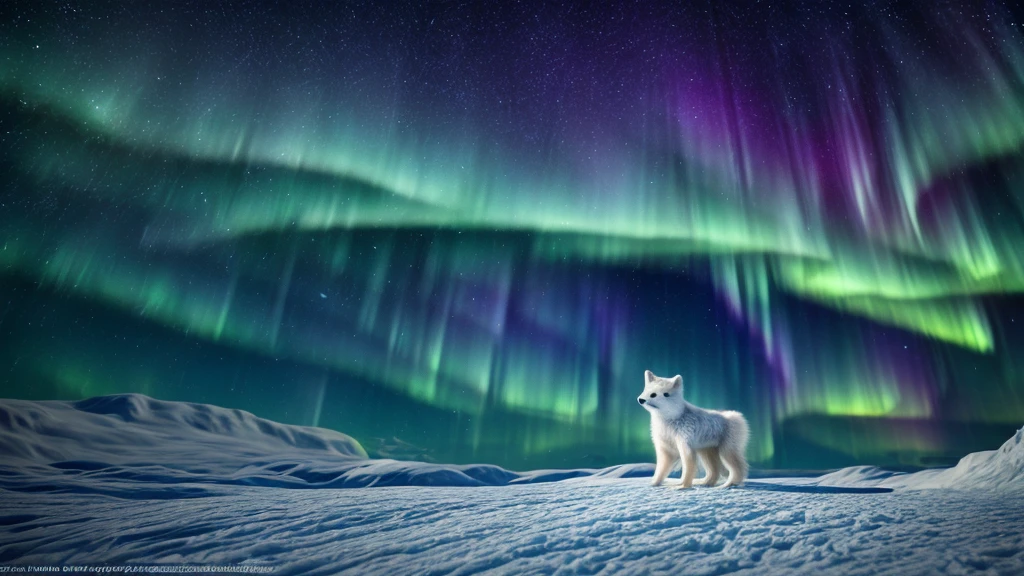 An arctic fox,white fur,fluffy tail,blue eyes,curious expression,standing on a snowy landscape,dark blue sky,aurora borealis in the background,(best quality,4k,highres),detailed fur texture,realistic rendering,vivid colors,subtle lighting.