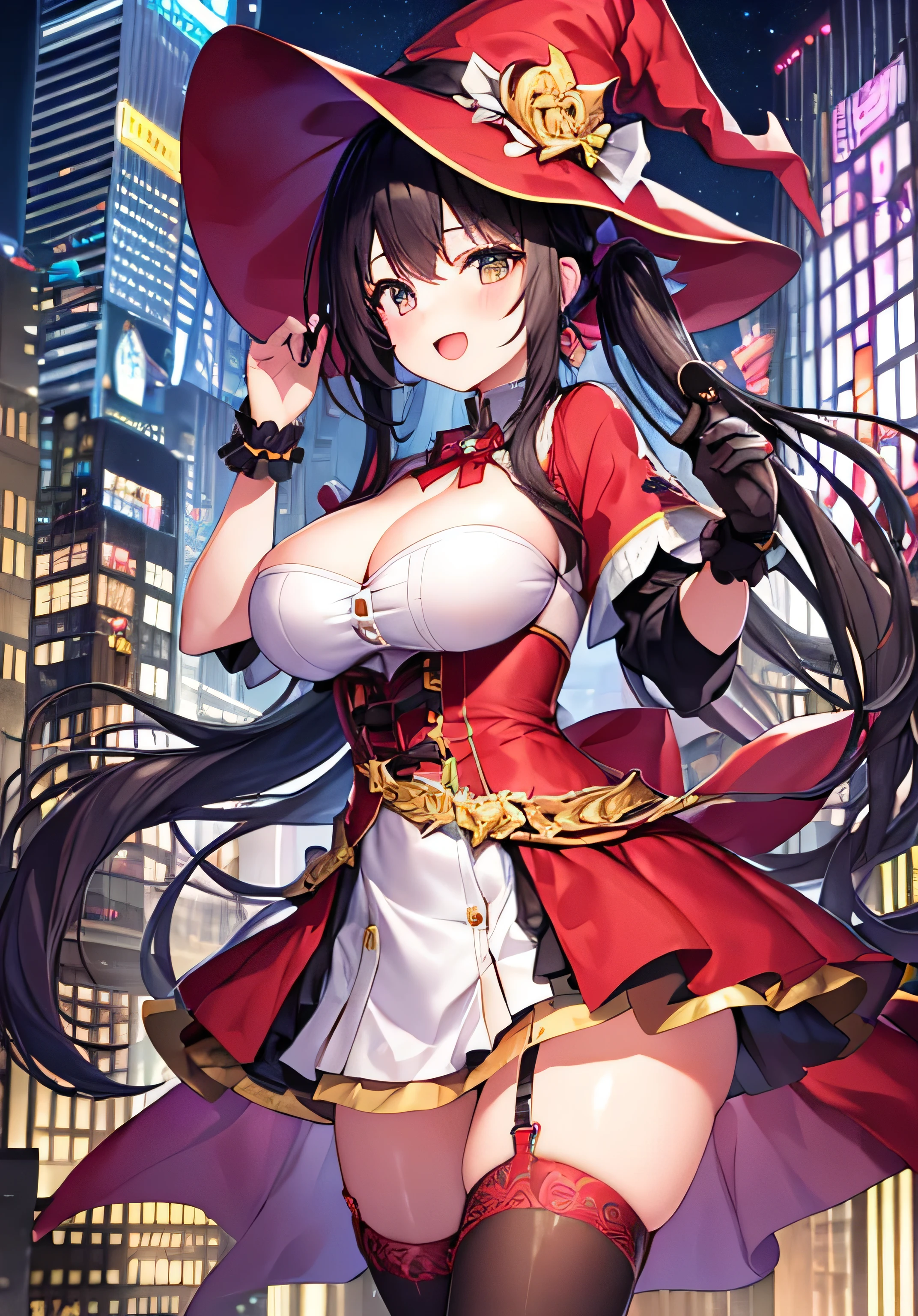 masterpiece、best image quality、ultra high resolution、age girl with big breasts、twin tail hairstyle、black hair、teengirl witch hat、red face、shyly、mock、Open your mouth just a little、A teenage 's witch costume that shows her cleavage、teenage girleenage girls thhigh socks、cityscape at night、building roof、at night