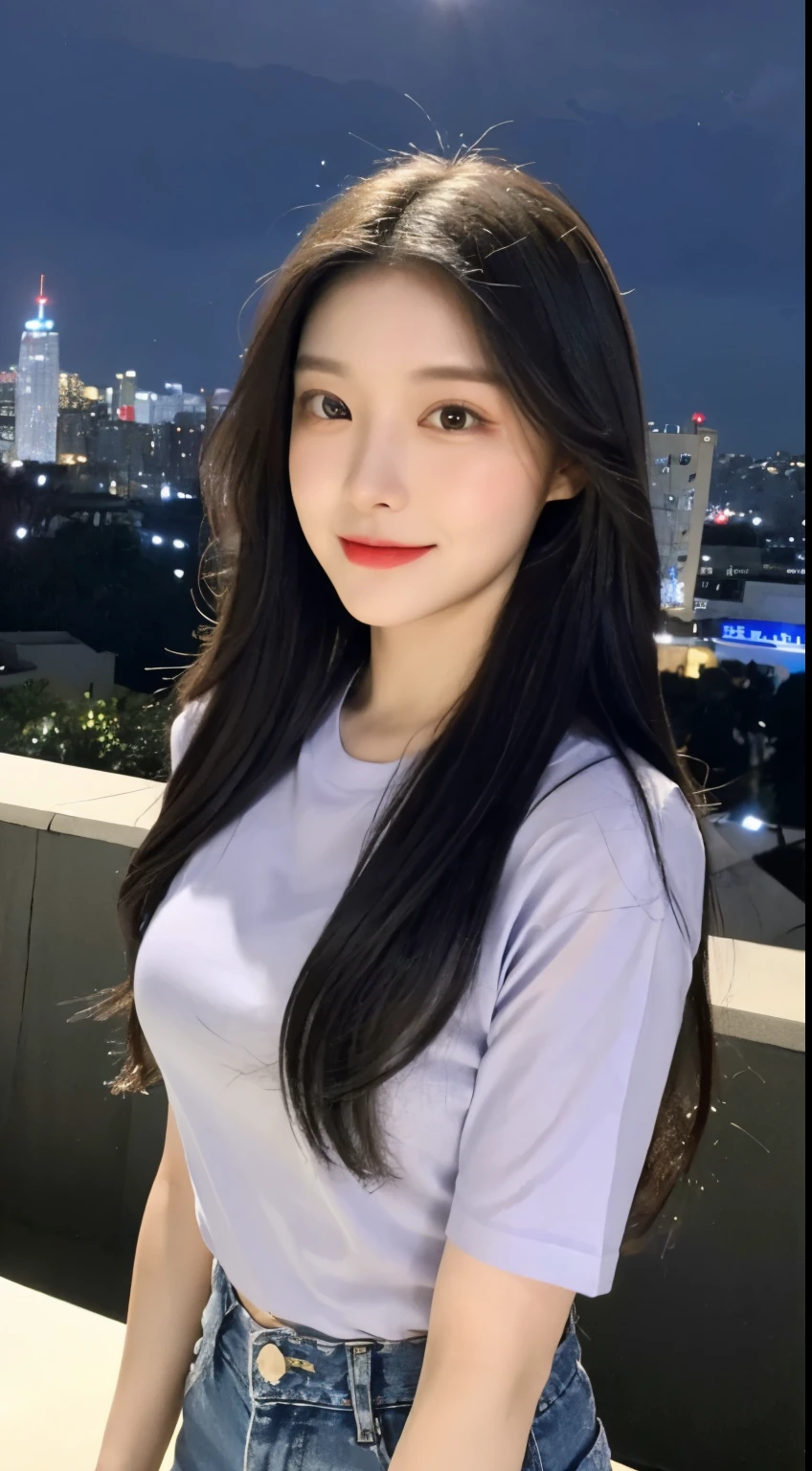 20 years old, pure beauty, Danfeng Eyes, double eyelids, lying silkworm, long eyelashes, black eyes, dark black hair, graceful body, Showing slender waist, casual shirt, new perfect denim, face highlight, Smile, look at me, Half-length photo, background, city night view, Tyndall Wright, Filter rendering, Ultra-fine, HD, HD, HD picture quality, detail, 18k ultra HD resolution, top effects, masterpiece, Half-length photos.