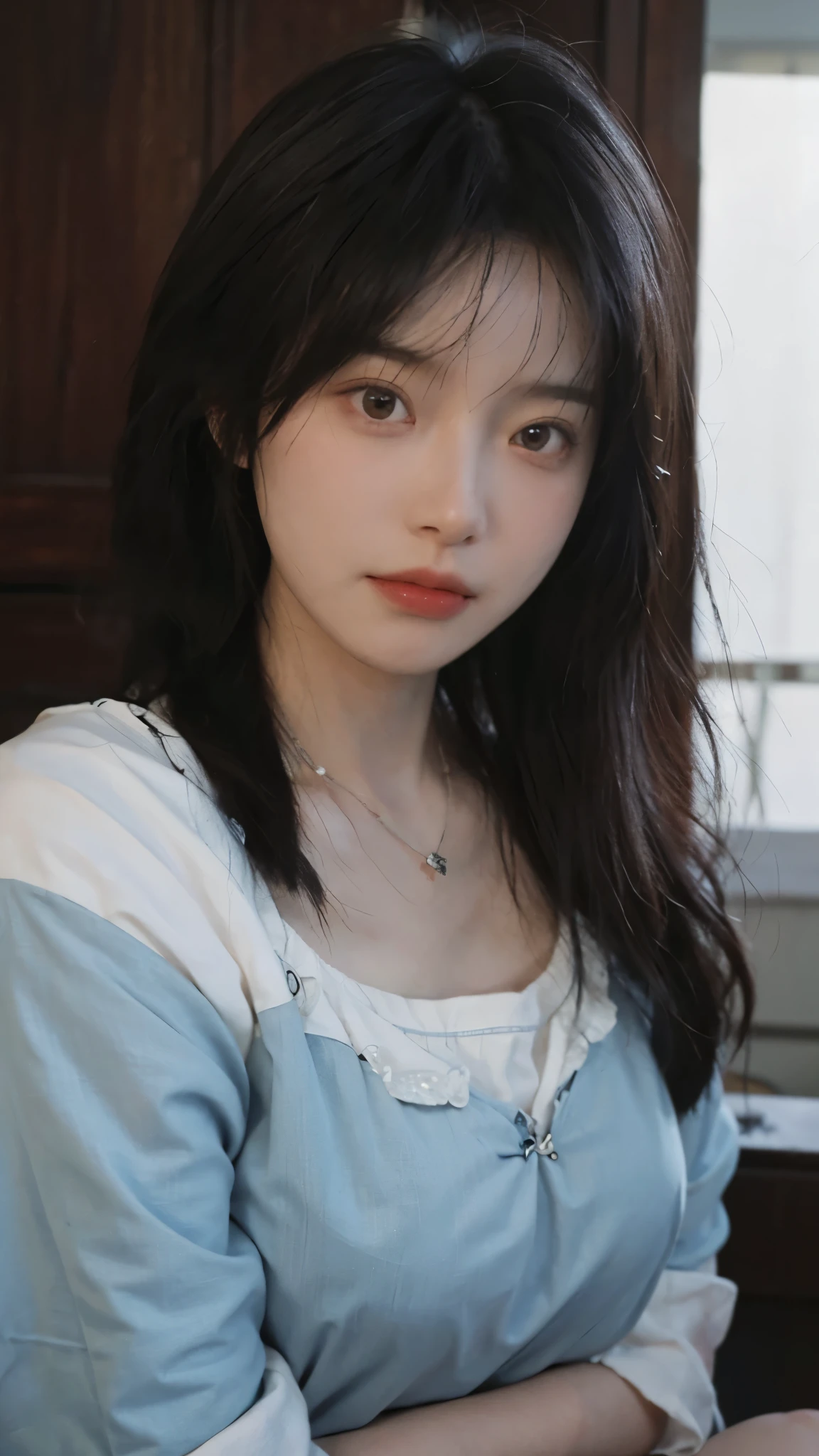 best quality, ultra high resolution, (realistically:1.4),cute hairpin,Baoyu Girl,European style apartment,A pair of clear and charming peach blossom eyes,Royal sister,The sun shines on the face,(Big breasts:1.4),Big wavy hairstyle,(necklace:1.2),(White skin:1.4),a sense of atmosphere,a beautiful girl,Looking directly at the viewer, (lifelike:1.4),1 girl,Sexy,(Upper body:1.4),(wet),(:1.2)
