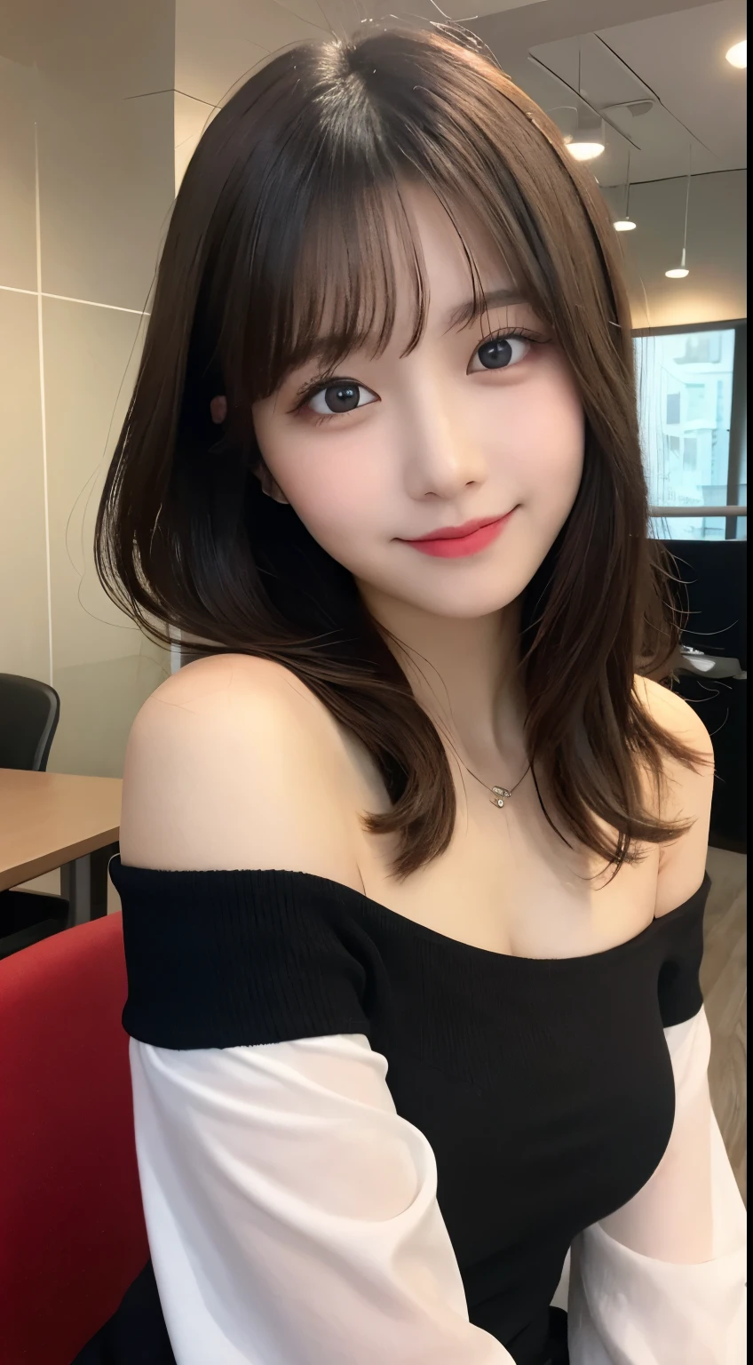 table top, highest quality, shape, Super detailed, finely, High resolution, 8k wallpaper, 完璧なダイナミックな構shape, beautiful and detailed eyes, off shoulder skirt、edium hair,small breasts natural color lip, bold sexy pose,smile,state-of-the-art office、20 year old girl、cute、sexy shot looking at camera、blur the background