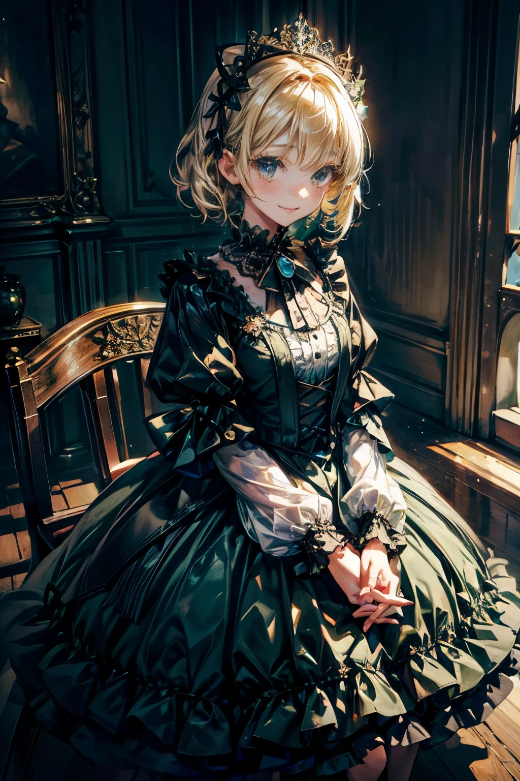 prompt: 8K resolution, delicate features, , single, unique students, shy smile, blonde, princess cut, Bow hair ornament, brooch, shiny dark green dress, lolita style, gothic style, join hands, facing the viewer, Otaku room, female imp