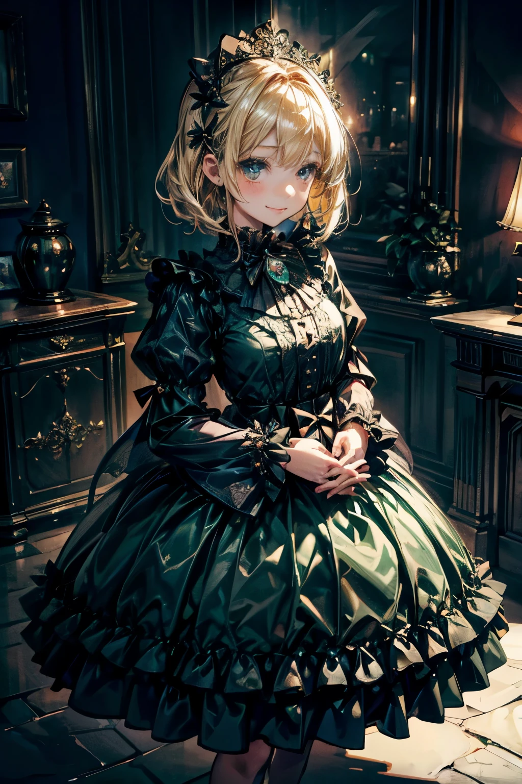 prompt: 8K resolution, delicate features, , single, unique students, shy smile, blonde, princess cut, Bow hair ornament, brooch, shiny dark green dress, lolita style, gothic style, join hands, facing the viewer, Otaku room, female imp