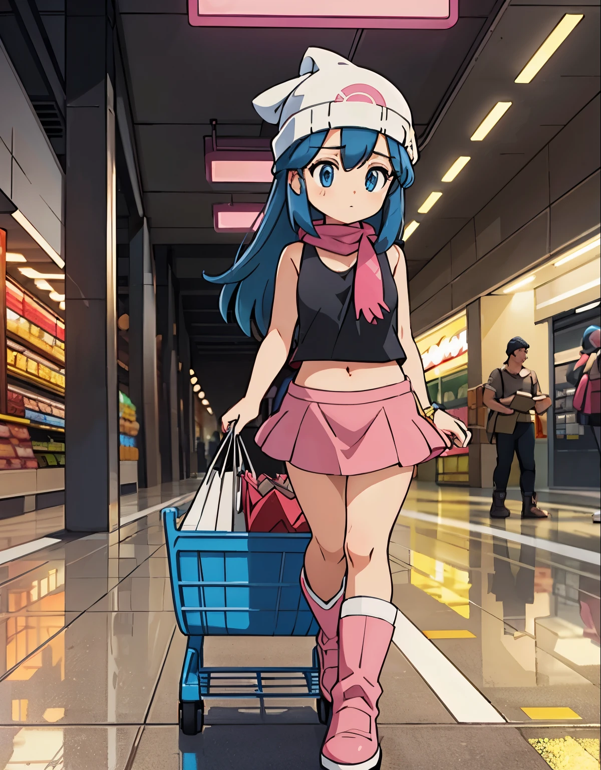 (best quality, highres, realistic), a tired girl, walking in a dark parking lot of a shopping mall, carrying shopping bags, detailed face, detailed eyes, \(pokemon\), beanie, long hair, blue hair, blue eyes, black sleeveless shirt, pink scarf, pink skirt, pink boots, body shape, small breast, downblouse, visible navel, chubby thighs, exhausted expression, fashionable outfit, unique hairstyle, dimly lit environment, concrete walls, flickering fluorescent lights, empty shopping carts, deserted atmosphere, late evening, weary posture, detailed clothing texture, urban setting, shiny floor, long shadows, mystery, suspense, cinematic feel, cool color palette, dramatic lighting.