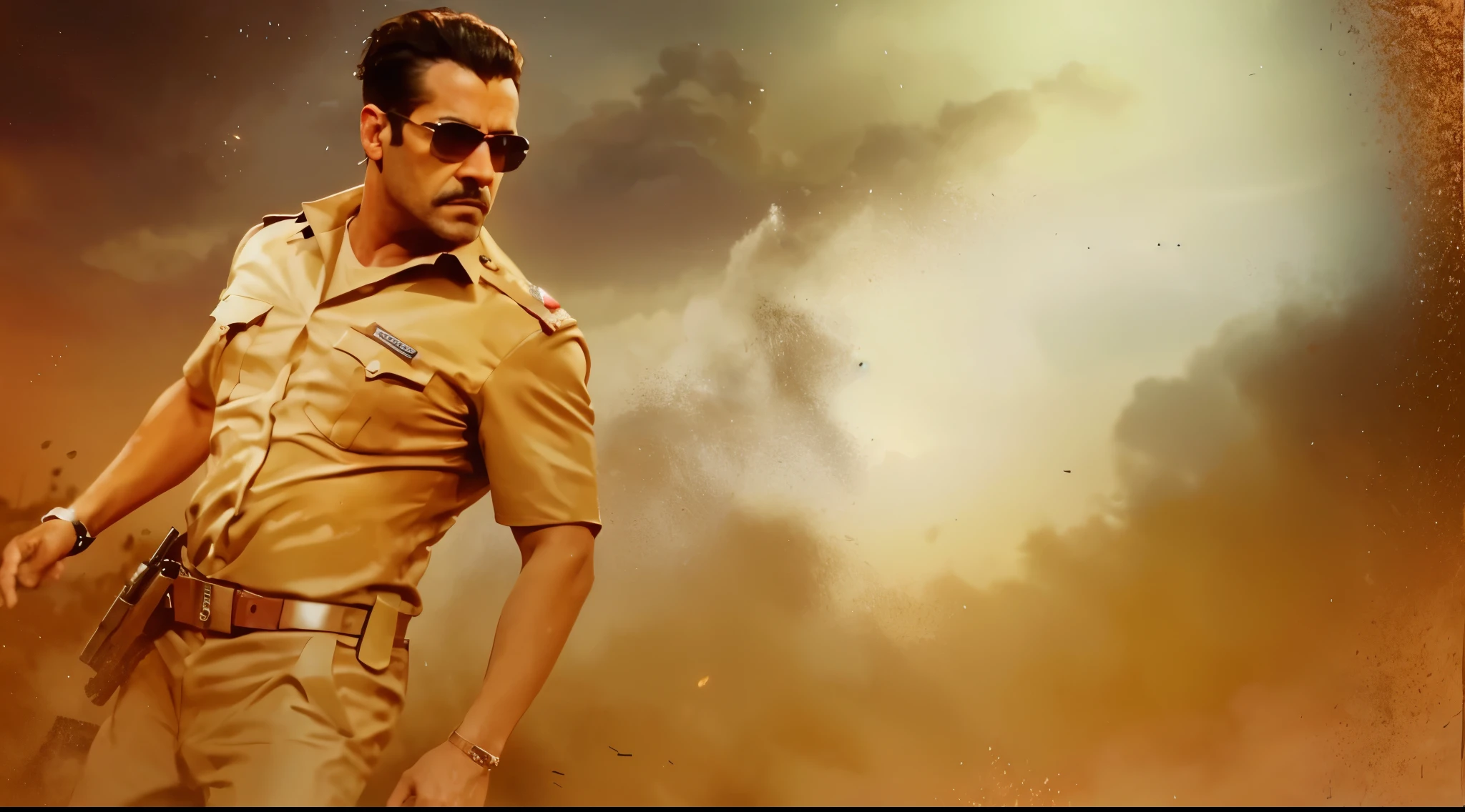 Police. Oily dress. Red sky. Hair style. Body. Police man. Dusty. Dust background.