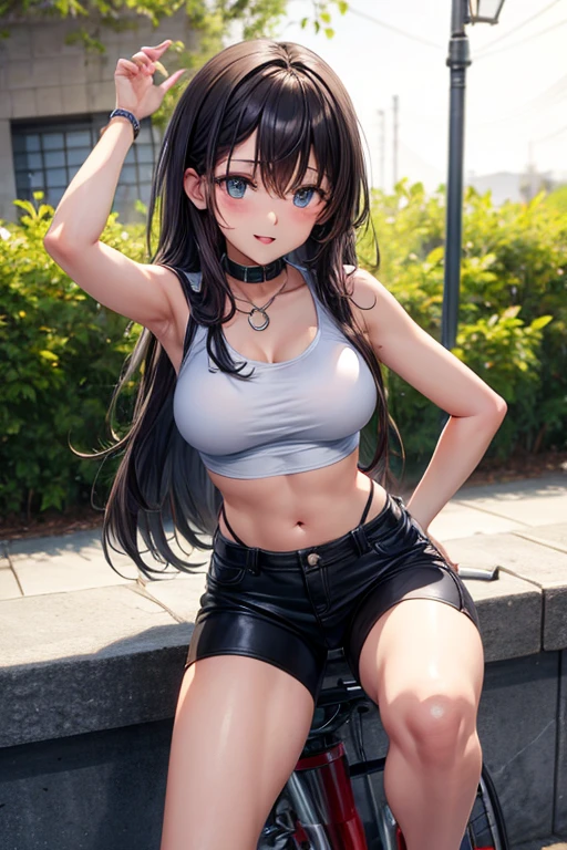 Anime girl in shorts poses on a bike in a  way
