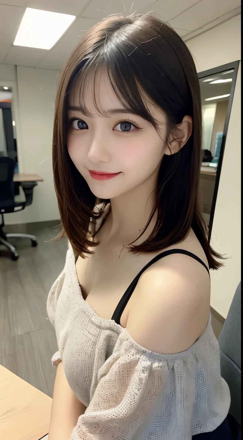 table top, highest quality, shape, Super detailed, finely, High resolution, 8k wallpaper, 完璧なダイナミックな構shape, beautiful and detailed eyes, off shoulder skirt、edium hair,small breasts natural color lip, bold sexy pose,smile,state-of-the-art office、20 year old girl、cute、sexy shot looking at camera、blur the background