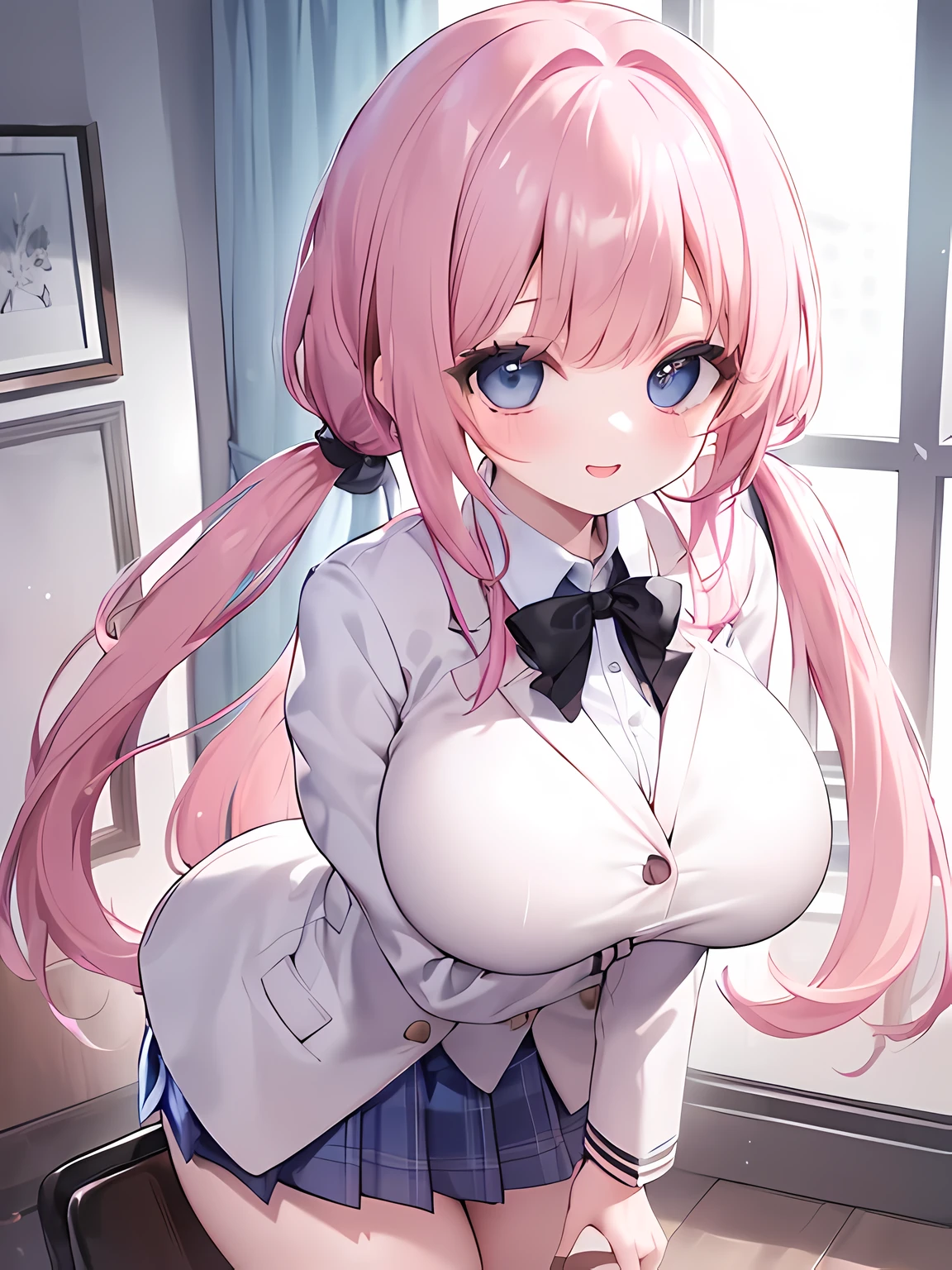 masterpiece,highest quality,(Super detailed),written boundary depth,perfect sentence, Detailed CG,Super detailed,(highly detailed eyes,very cute face,highly detailed face:1.3),beautiful anime girl,(solo girl:1.9),(super huge breasts:1.6),(pink hair,low twin tails:1.5),(light blue eyes:1.3),(smile full of joy:1.3),open your mouth,show viewer,break,(university uniform,white blazer,black collared shirt:1.5),blue ribbon tie,chest pocket,Blue Tartan Plaid Pleated Skirt,micro mini skirt,white knee socks,classroom,curtains swaying in the wind,break,cowboy shot,Are standing,Put your hands in your hair