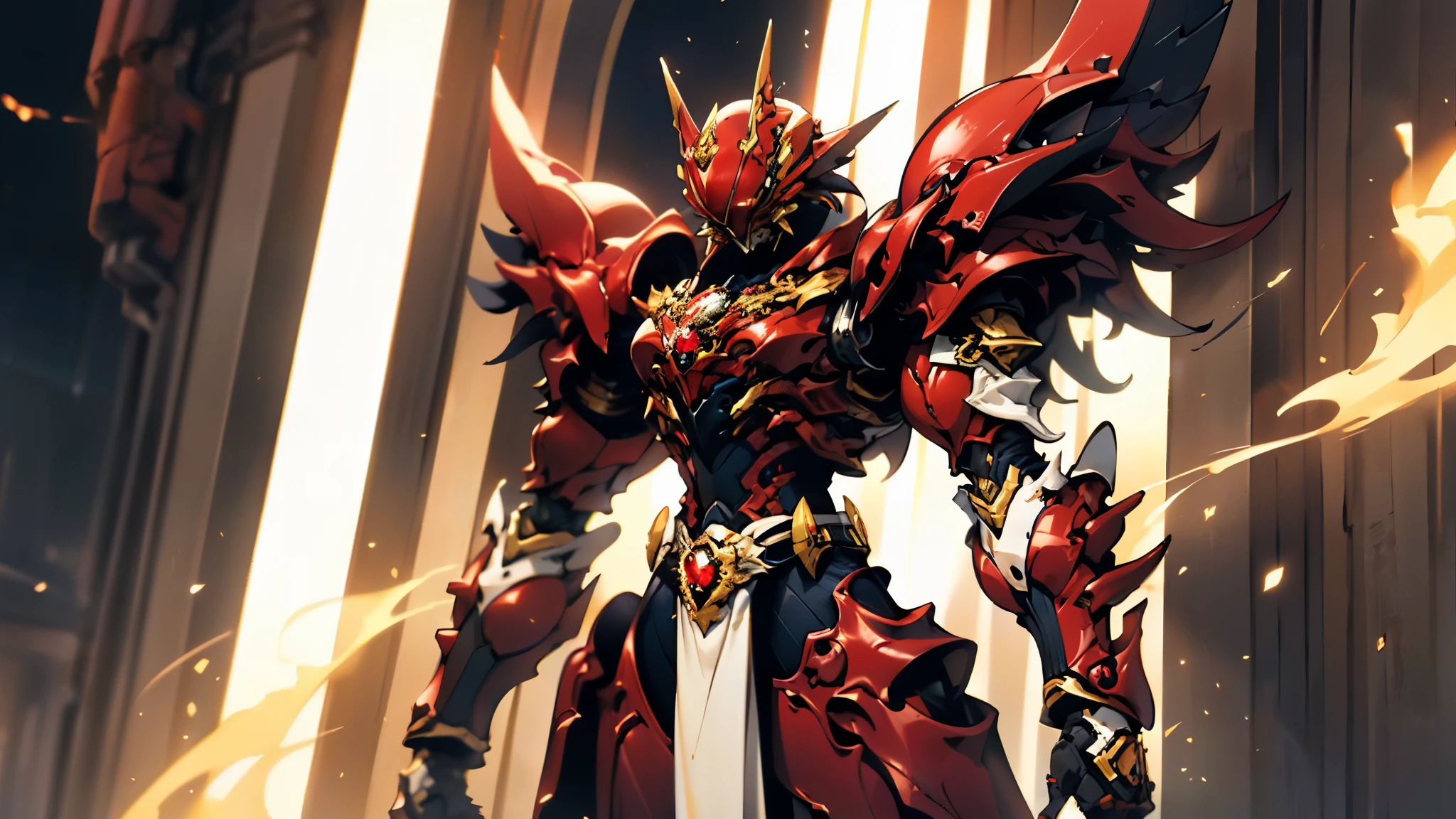 A woman adorned in fantasy-style full-body armor, a crown-concept fully enclosed helmet that unveils only her eyes, a composite layered chest plate, fully encompassing shoulder and hand guards, a lightweight waist armor, form-fitting shin guards, the overall design is heavy-duty yet flexible, ((the armor gleams with a golden glow, complemented by red and blue accents)), exhibiting a noble aura, she floats above a fantasy-surreal high-tech city, this character embodies a finely crafted fantasy-surreal style armored hero in anime style, exquisite and mature manga art style, (Queen bee mixed with Spider concept Armor, plasma, blood), ((Element, energy, elegant, goddess, femminine:1.5)), metallic, high definition, best quality, highres, ultra-detailed, ultra-fine painting, extremely delicate, professional, anatomically correct, symmetrical face, extremely detailed eyes and face, high quality eyes, creativity, RAW photo, UHD, 32k, Natural light, cinematic lighting, masterpiece-anatomy-perfect, masterpiece:1.5