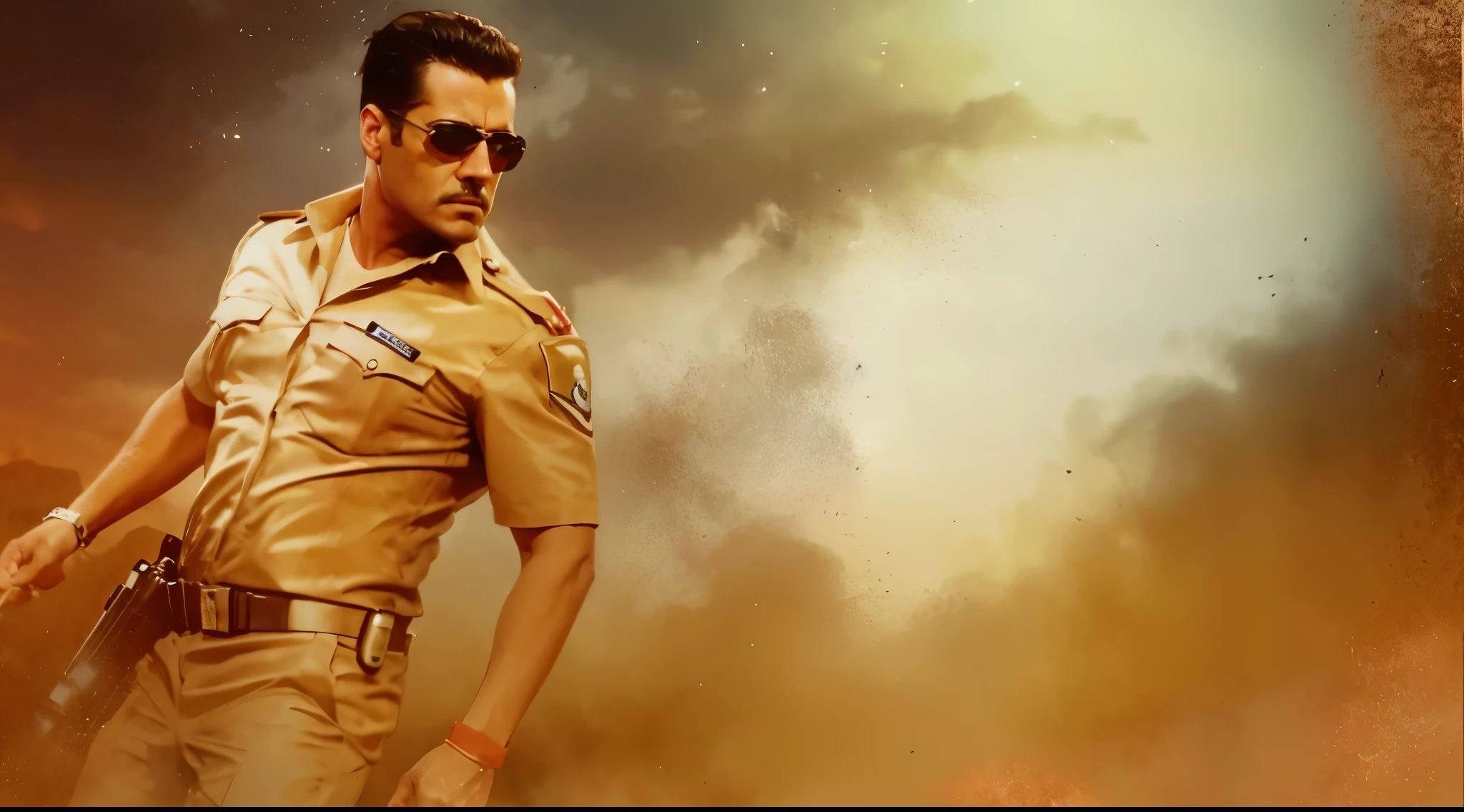 Police. Oily dress. Red sky. Hair style. Body. Police man. Dusty. Dust background.
