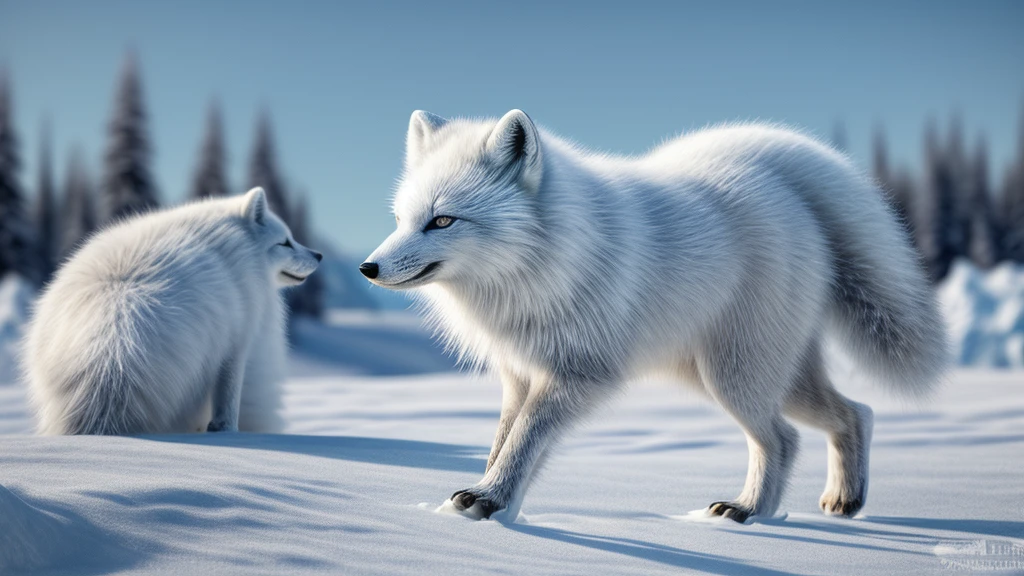 An arctic fox, snowy landscape, fluffy fur, piercing blue eyes, nimble movements, elegant posture, snowy paws, strong legs, sharp teeth, alert ears, stealthy hunting, frozen breath, icy surroundings, delicate snowflakes, serene silence, winter wonderland, frosty atmosphere, icy blue color palette, soft natural lighting, ethereal and magical, picturesque scenery, Arctic wilderness. (best quality,4k,8k,highres,masterpiece:1.2),ultra-detailed,(realistic,photorealistic,photo-realistic:1.37),HDR,UHD,studio lighting,ultra-fine painting,sharp focus,physically-based rendering,extreme detail description,professional,vivid colors,bokeh,portrait style