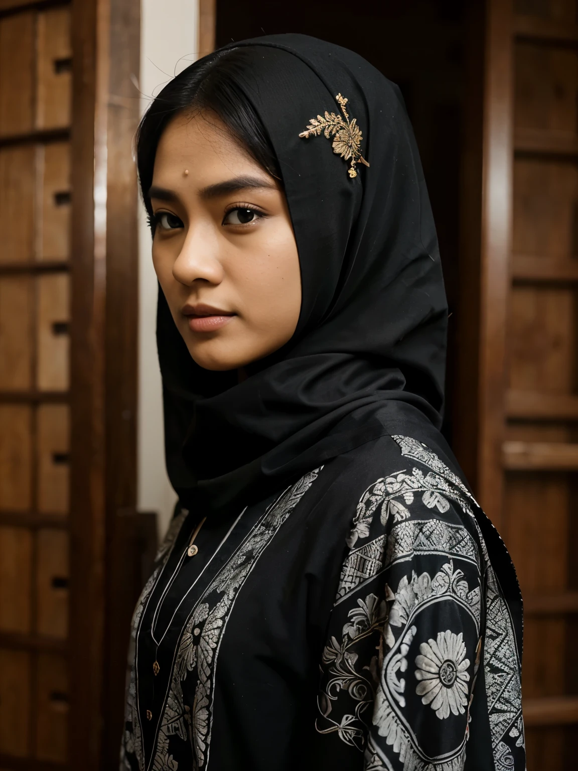 seorang cowok tampan indo 20tahun memakai kopyah hitam dikepala .baju lengan pendek putih motif ada sedikit batik hitam.sajadah dipundak.dan bawah memakai sarung batik putih hitam ekspresi tersenyum.backgroud gelap.gambar kwalitas tinggi HD