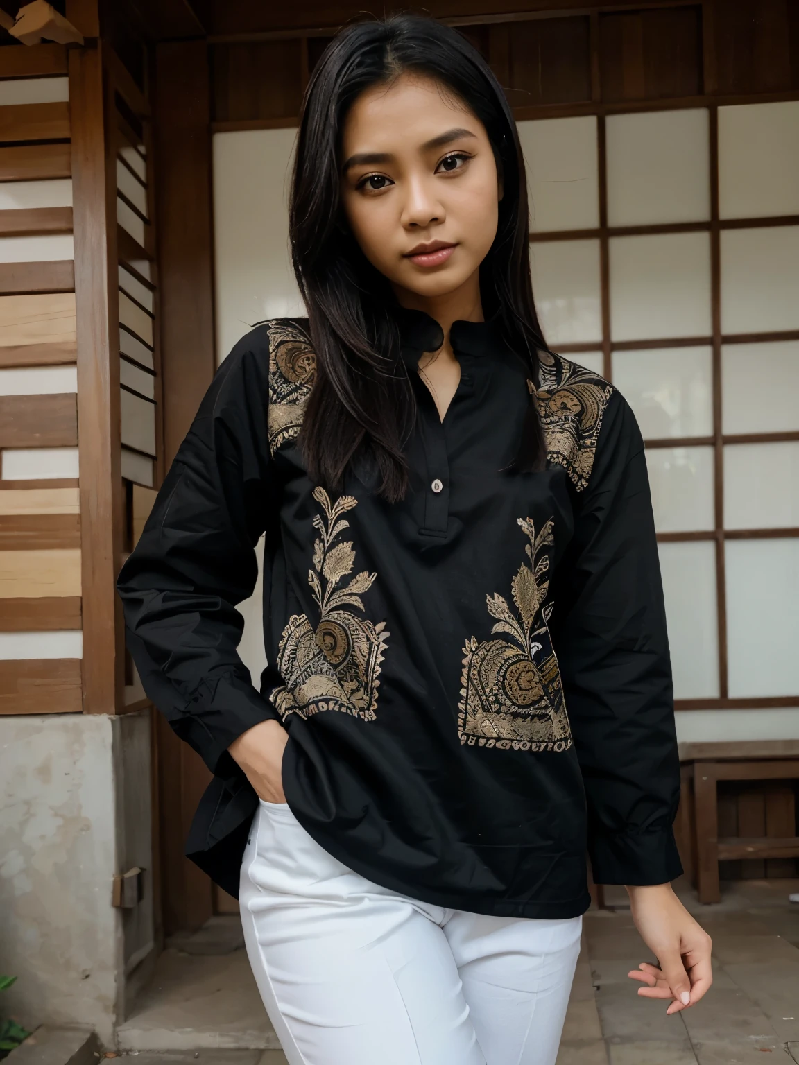 seorang cowok tampan indo 20tahun memakai kopyah hitam dikepala .baju lengan pendek putih motif ada sedikit batik hitam.sajadah dipundak.dan bawah memakai sarung batik putih hitam ekspresi tersenyum.backgroud gelap.gambar kwalitas tinggi HD