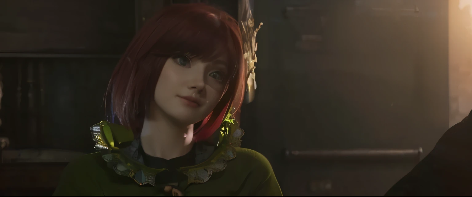 A red-haired girl with short hair and green eyes big breast looking at viewer