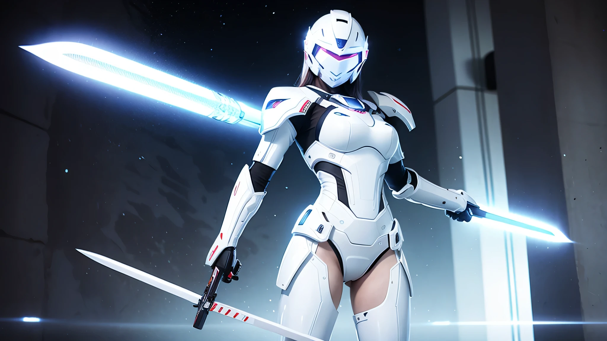 A woman in a white suit holding a sword, mecha iron white futuristic armor clean modern simplified elegant, porcelain cyborg armor, science fiction female soldier,perfect body,(lie:1.3),