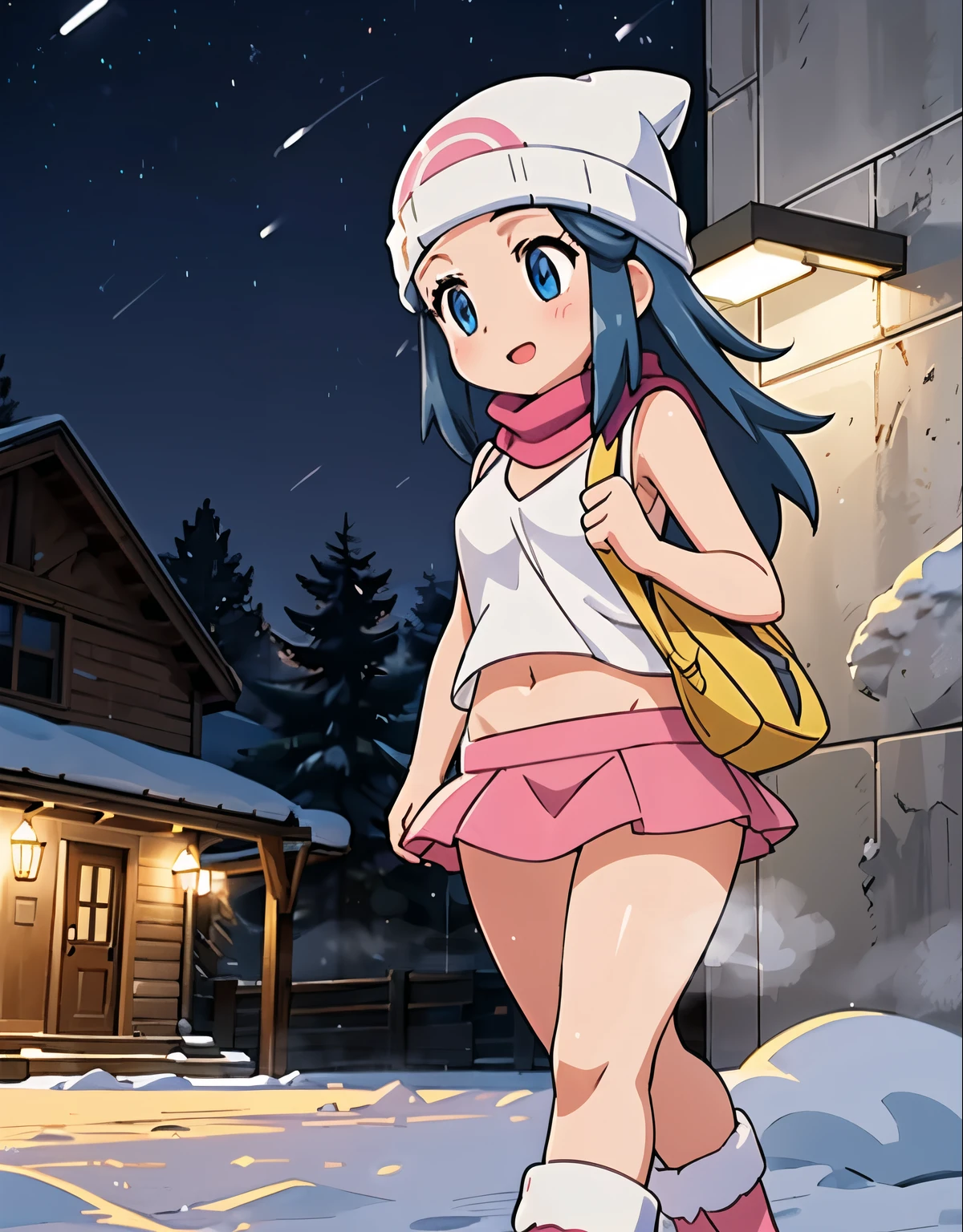 best quality,4k,8k,highres,masterpiece:1.2,ultra-detailed,realistic:1.37,a girl, dawn \(pokemon\), beanie, long hair, blue hair, blue eyes, black sleeveless shirt, pink scarf, pink skirt, pink boots, upskirt, white panties, body shape, curvy, downblouse, visible navel, chubby thighs,extremely detailed eyes and face,longeyelashes,cold,winter, snowy landscape,desolate,freezing wind,shivering,trying to keep warm with her arms,frosty breath,warm clothing,winter coat,winter hat,winter boots,icy ground, snow-covered trees, snowflakes falling,soft natural lighting,subtle blue color tones. nsfw