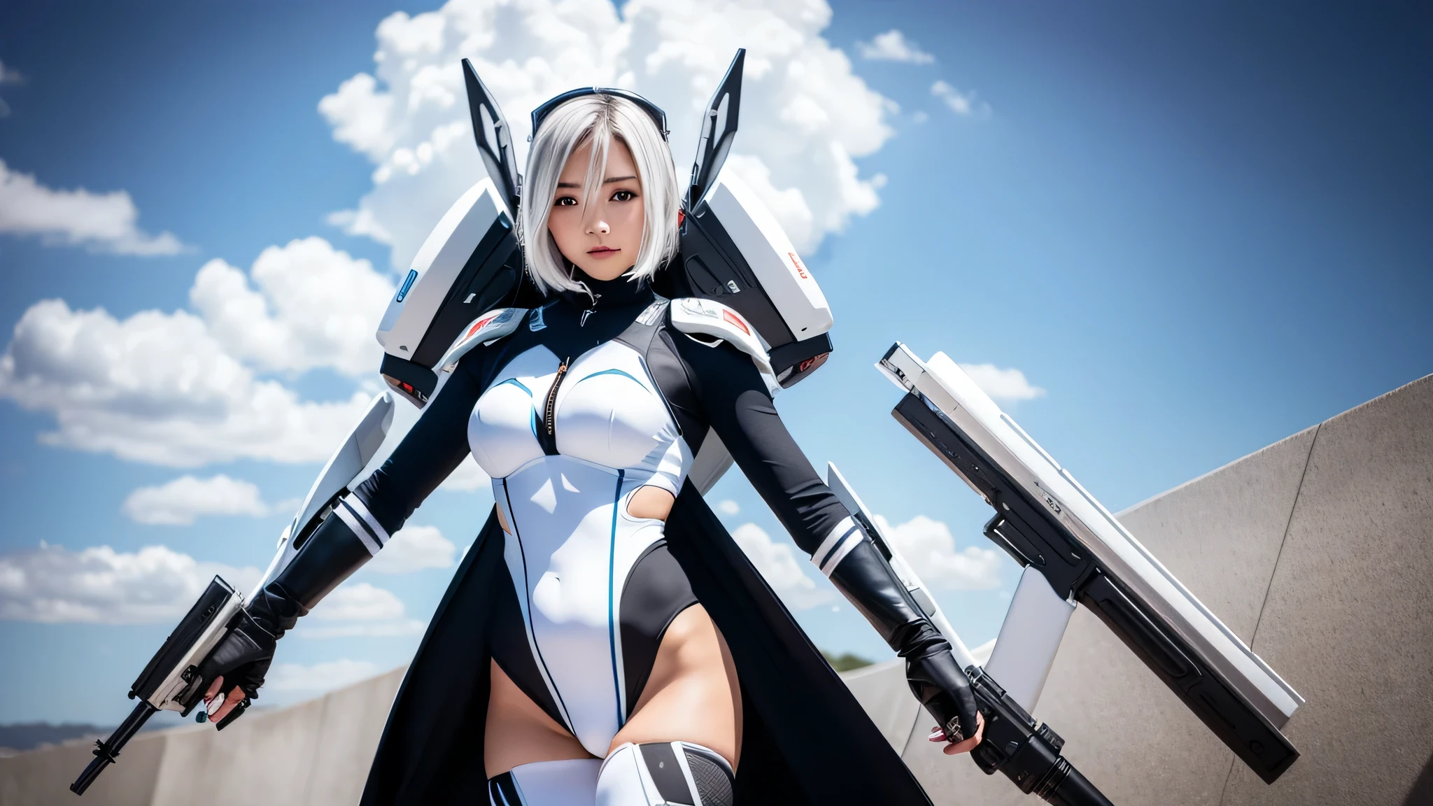 A woman in a white suit holding a sword, mecha iron white futuristic armor clean modern simplified elegant, porcelain cyborg armor, science fiction female soldier,perfect body,(lie:1.3),