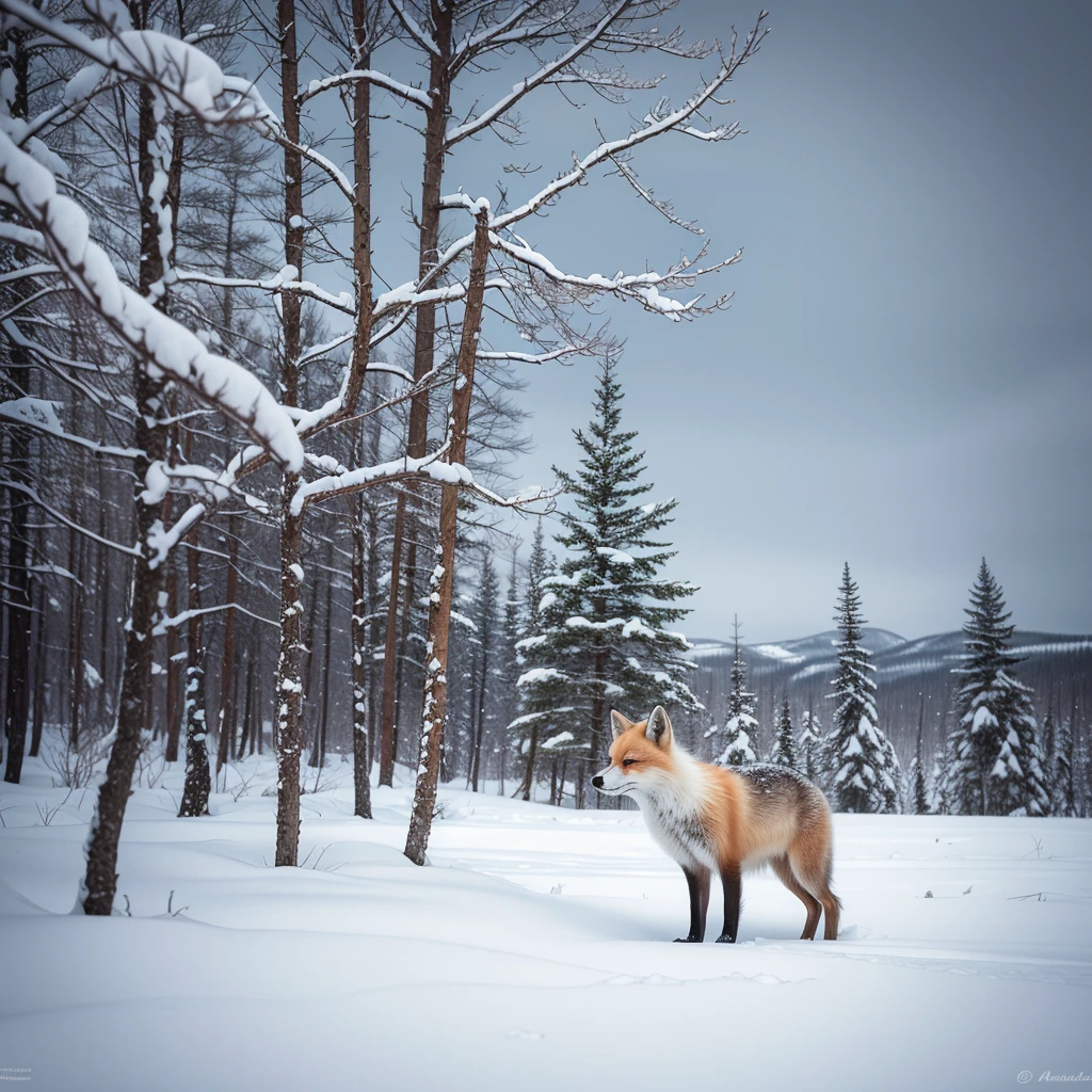 An arctic fox standing on a snowy hill, surrounded by a winter wonderland. The fox is beautifully detailed, with mesmerizing blue eyes and a fluffy white coat that glistens in the sunlight. The snow-covered landscape stretches out into the distance, with tall pine trees standing tall and branches heavy with snow. The fox is alert and curious, looking out into the vast expanse of the arctic wilderness. The scene is captured in the medium of a vibrant oil painting, bringing out the rich textures and colors of the fox and its surroundings. The snow is crisp and pure, creating a sense of tranquility and serenity. The lighting is gentle and diffused, casting a soft glow on the scene. The colors are cool and muted, with hints of blues, whites, and greys, evoking the icy beauty of the arctic landscape. The attention to detail is exquisite, with every strand of fur on the fox and every snowflake on the ground meticulously rendered. The overall image quality is of the highest caliber, with ultra-detailed features and a realistic, photorealistic style. With its vivid colors and sharp focus, the painting captures the essence of the arctic fox and the mesmerizing allure of the frozen wilderness.
