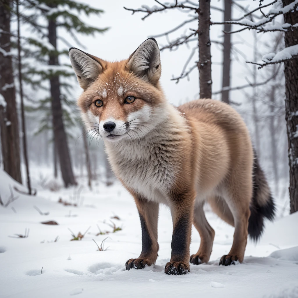 An arctic fox standing on a snowy hill, surrounded by a winter wonderland. The fox is beautifully detailed, with mesmerizing blue eyes and a fluffy white coat that glistens in the sunlight. The snow-covered landscape stretches out into the distance, with tall pine trees standing tall and branches heavy with snow. The fox is alert and curious, looking out into the vast expanse of the arctic wilderness. The scene is captured in the medium of a vibrant oil painting, bringing out the rich textures and colors of the fox and its surroundings. The snow is crisp and pure, creating a sense of tranquility and serenity. The lighting is gentle and diffused, casting a soft glow on the scene. The colors are cool and muted, with hints of blues, whites, and greys, evoking the icy beauty of the arctic landscape. The attention to detail is exquisite, with every strand of fur on the fox and every snowflake on the ground meticulously rendered. The overall image quality is of the highest caliber, with ultra-detailed features and a realistic, photorealistic style. With its vivid colors and sharp focus, the painting captures the essence of the arctic fox and the mesmerizing allure of the frozen wilderness.