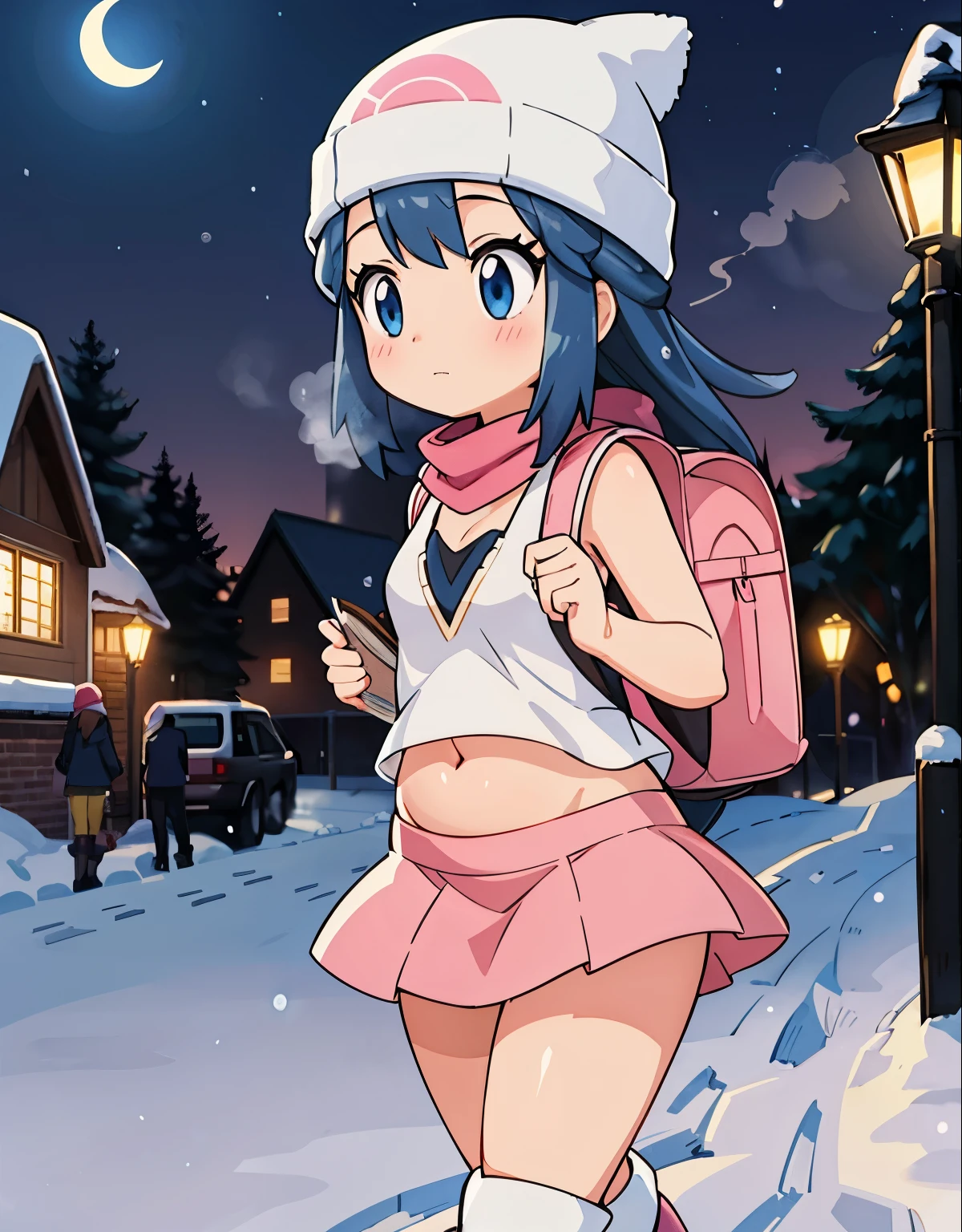 A girl walking to school,  \(pokemon\), beanie, long hair, blue hair, blue eyes, black sleeveless shirt, pink scarf, pink skirt, pink boots, body shape, medium breast, downblouse, visible navel, chubby thighs, a winter night scene (best quality, highres:1.2), snowy landscape, softly falling snowflakes, cozy streetlamp lighting, peaceful atmosphere, faint moonlight, clear starry sky, quiet streets, footsteps on the snowy path, frost-covered trees, smoke rising from chimneys, distant sound of a bell, serene and dream-like, a sense of anticipation, the girl's breath visible in the cold air, small backpack, a book in her hand, determination in her eyes, comforting streetlights guiding her way, a school building in the distance, adorned with holiday lights, silhouettes of other students joining her, a moment of unity and camaraderie, a scene filled with hope and possibilities.