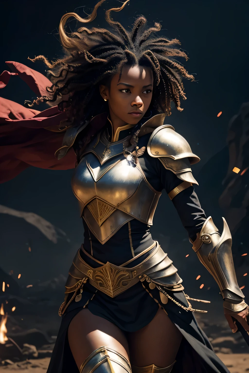 a africa america lady, wearing a armor dress, holding swords, curly hair, fighting scene, dark background