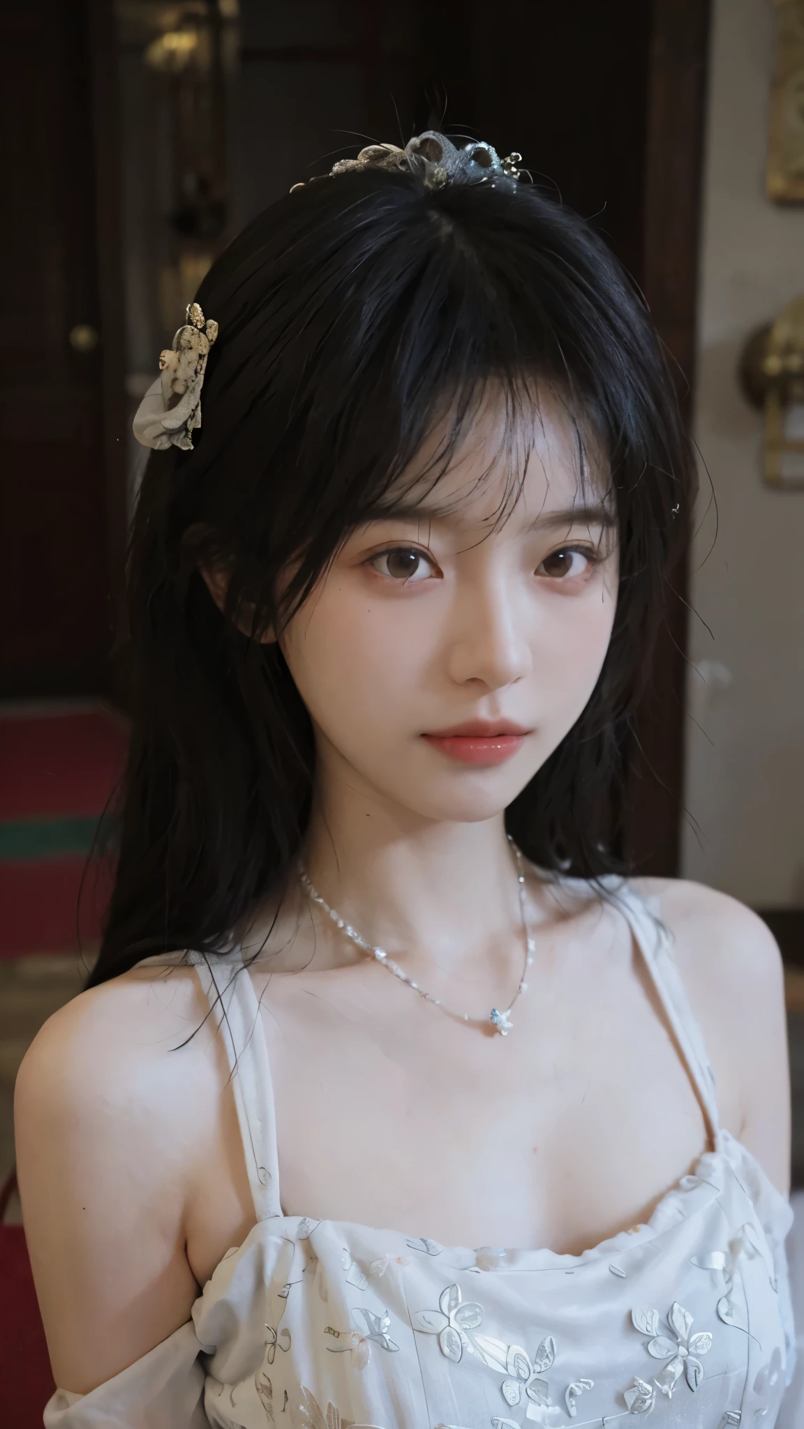 best quality, ultra high resolution, (realistically:1.4),cute hairpin,Baoyu Girl,Standing in the wedding hall,(flat chest:1.2) ,A pair of clear and charming peach blossom eyes,Royal sister,The sun shines on the face,Big wavy hairstyle,(necklace:1.2),(White skin:1.4),a sense of atmosphere,a beautiful girl,Looking directly at the viewer, Close-up cleavage ,(lifelike:1.4),1 girl,Sexy,(Upper body:1.4),(wet),(:1.2)