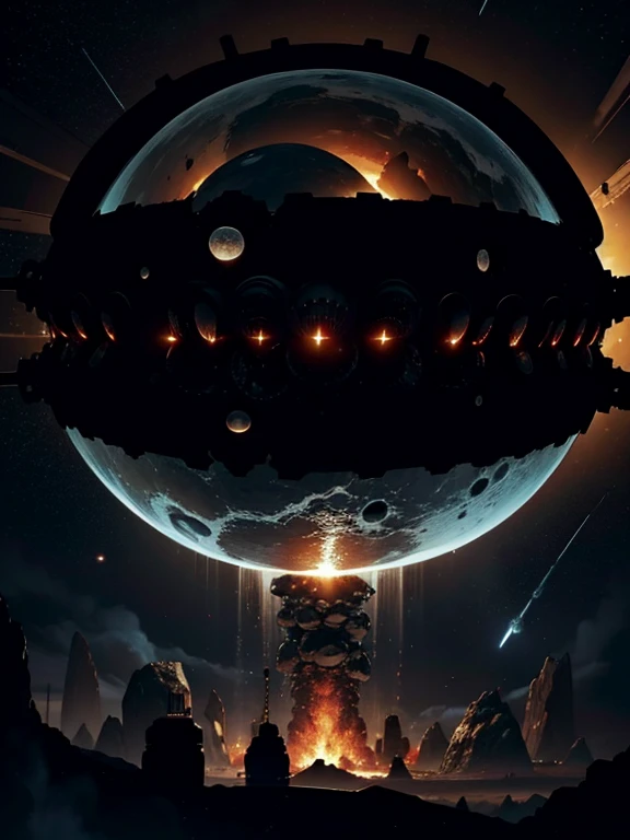 Huge dark and ghostly mothership，Very detailed and futuristic alien trying to eat a small planet, The ship has a huge mouth，It has metal teeth and an incinerator, fragments of the planet are attracted into it. Very futuristic and detailed. we are in the galaxy，Other planets visible in the distance，And the sun is erupting