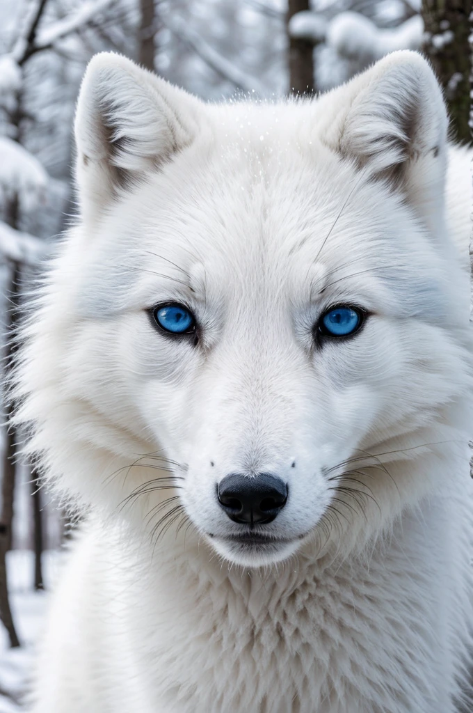 An arctic fox, fluffy white fur, piercing blue eyes, in a snowy landscape, surrounded by frost-covered trees, with a sense of tranquility and elegance, captured in a close-up portrait with fine details. (best quality, highres, ultra-detailed), photorealistic rendering, vivid colors, soft natural light.