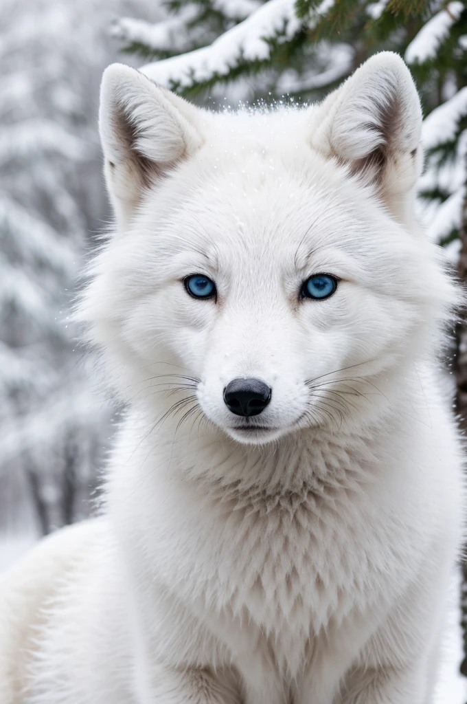 An arctic fox, fluffy white fur, piercing blue eyes, in a snowy landscape, surrounded by frost-covered trees, with a sense of tranquility and elegance, captured in a close-up portrait with fine details. (best quality, highres, ultra-detailed), photorealistic rendering, vivid colors, soft natural light.