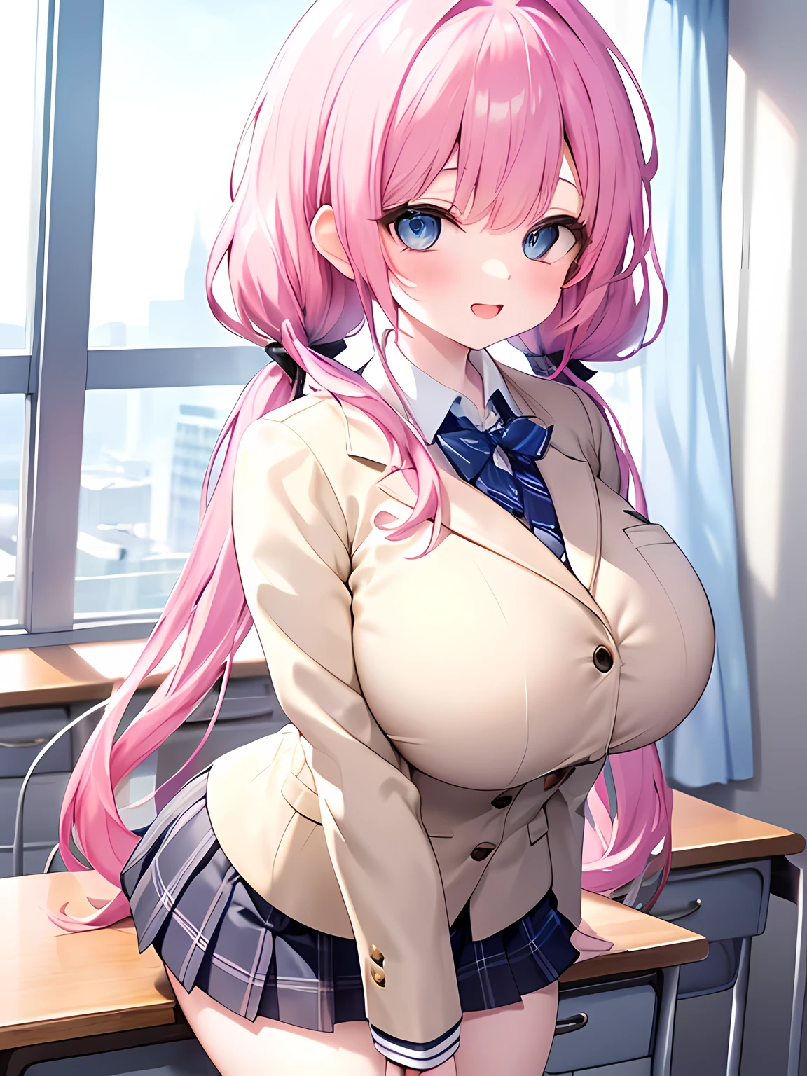 masterpiece,highest quality,(Super detailed),written boundary depth,perfect sentence, Detailed CG,Super detailed,(highly detailed eyes,very cute face,highly detailed face:1.3),beautiful anime girl,(solo girl:1.9),(super huge breasts:1.6),(pink hair,low twin tails:1.5),(light blue eyes:1.3),(smile full of joy:1.3),open your mouth,show viewer,break,(university uniform,white blazer,black collared shirt:1.5),blue ribbon tie,chest pocket,Blue Tartan Plaid Pleated Skirt,micro mini skirt,white knee socks,classroom,curtains swaying in the wind,break,cowboy shot,sit at desk,put both hands on your chest