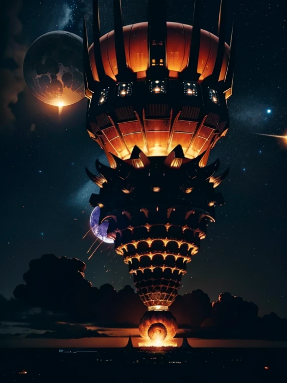 Huge dark and ghostly mothership，Very detailed and futuristic alien trying to eat a small planet, The ship has a huge mouth，It has metal teeth and an incinerator, fragments of the planet are attracted into it. Very futuristic and detailed. we are in the galaxy，Other planets visible in the distance，And the sun is erupting